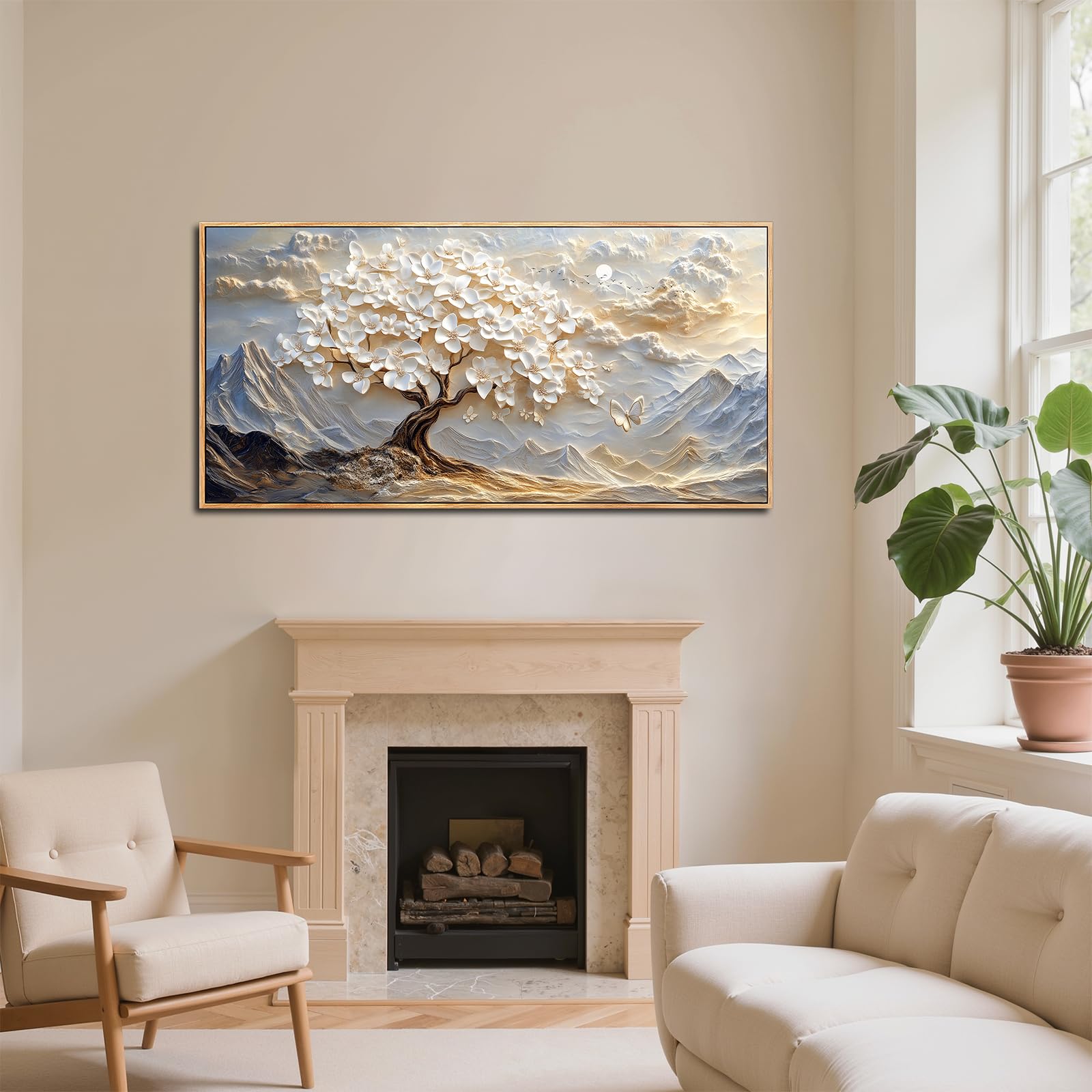 SERIMINO Wandbilder Wohnzimmer Groß, Weiß Baum des Lebens Leinwand Bilder mit Rahmen, Aesthetic Botanische GemäLde, Modern Berge Wanddekoration für Lobby Flur Schlafzimmer Esszimmer Büro 73x146 cm