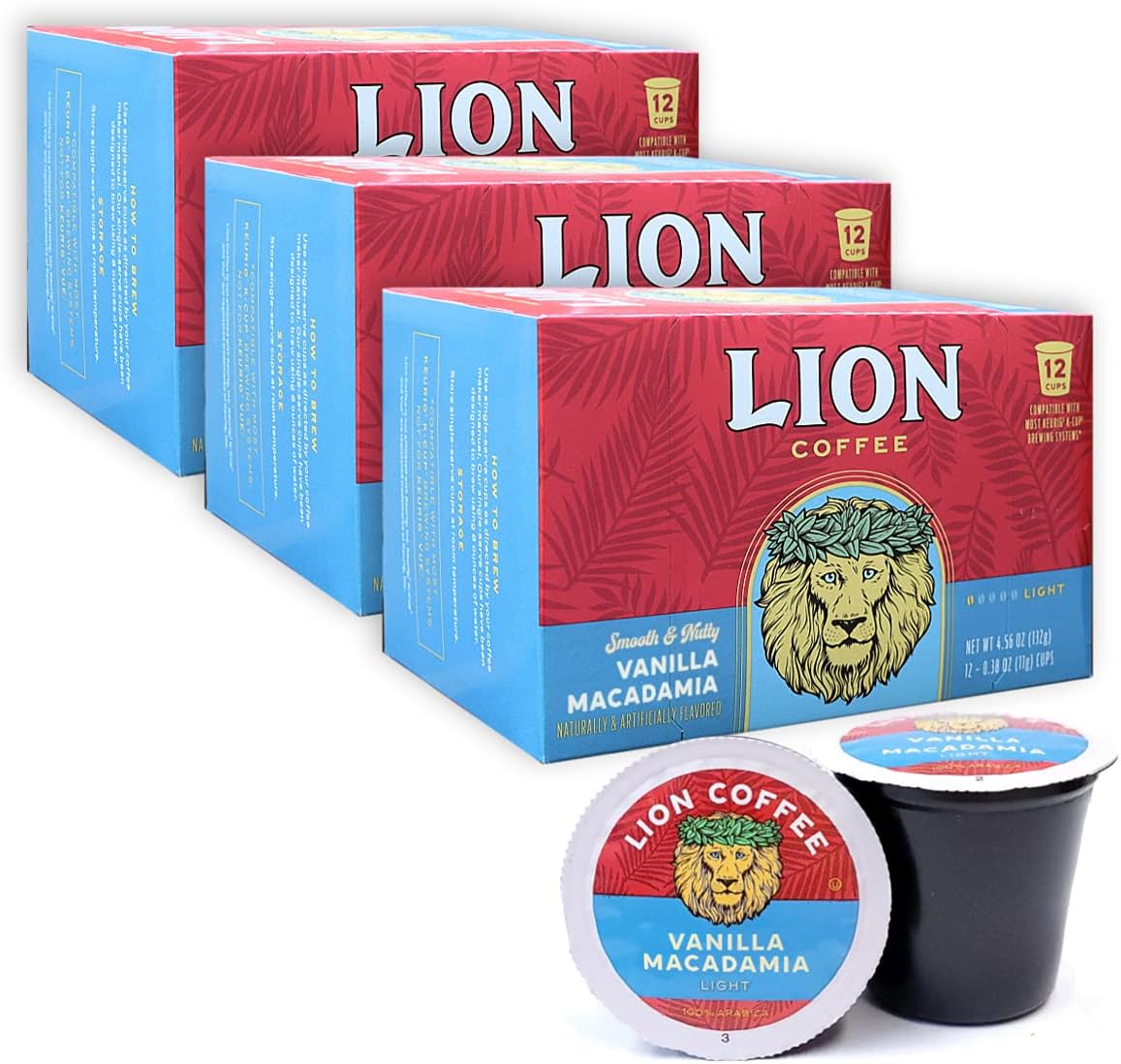 Lion Coffee Vanilla Macadamia Flavor, Single-Serve Coffee Pods - 12 Count Box (Pack of Three)