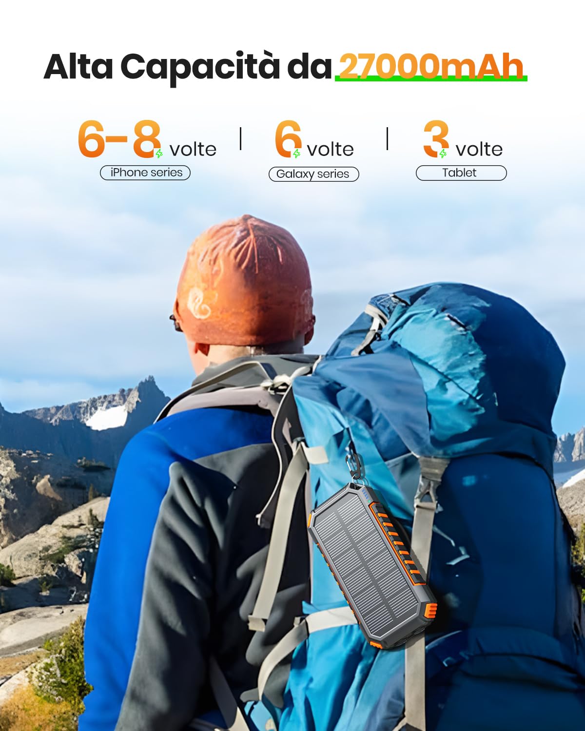 Fandealo Caricabatterie Solare Power Bank 27000mAh - 22,5W Caricatore Portatile Senza Fili, PD QC3.0 USB C Ricarica Rapida Batteria Esterna con 2 Cavi Incorporati e Luci LED per Telefono e Tablet
