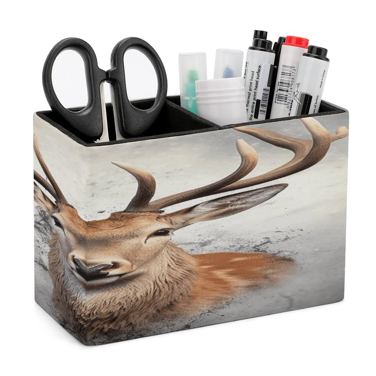 VstaDank Animal Deer Pencil Holder for Desk(Double Slots) Fashion Leather Pencil Cup Simple Rectangular Shape Pen Holder Multi-Functional Pen Cup for Home Office Supplies Storage