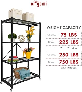 Origami R5 4-Tier Folding Storage Rack with 4 Magnetic Shelf Liners, Black