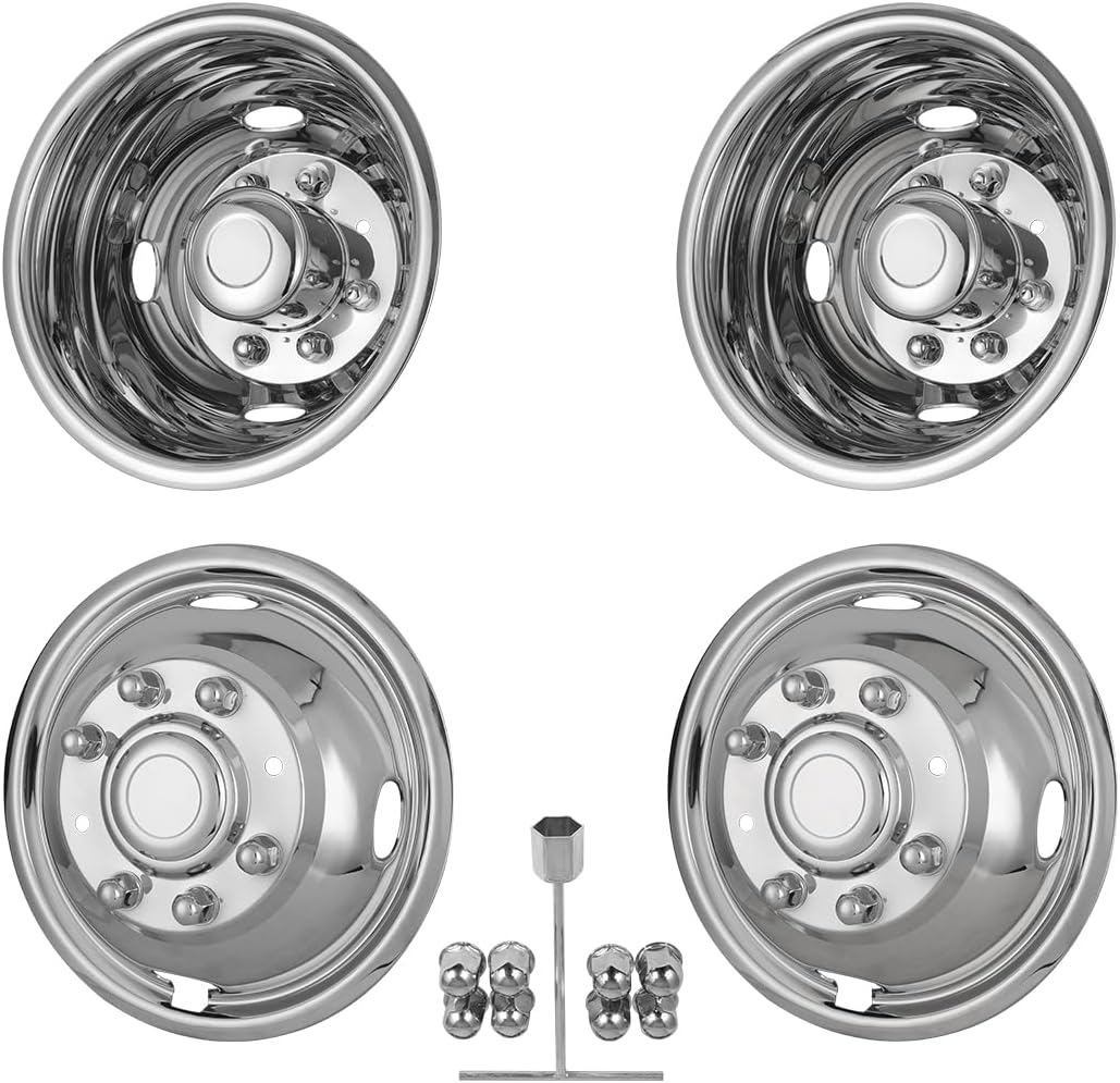 17 Inch Stainless Steel Dually Wheel Simulators, Durable Bolt On Wheel Cover Replacement Hubcaps Accessories,8 Lug 4 Hand Hole Hubcaps Wheel Rim Cover Fit for 2005-2025 Ford F-350 w/Installation Tool