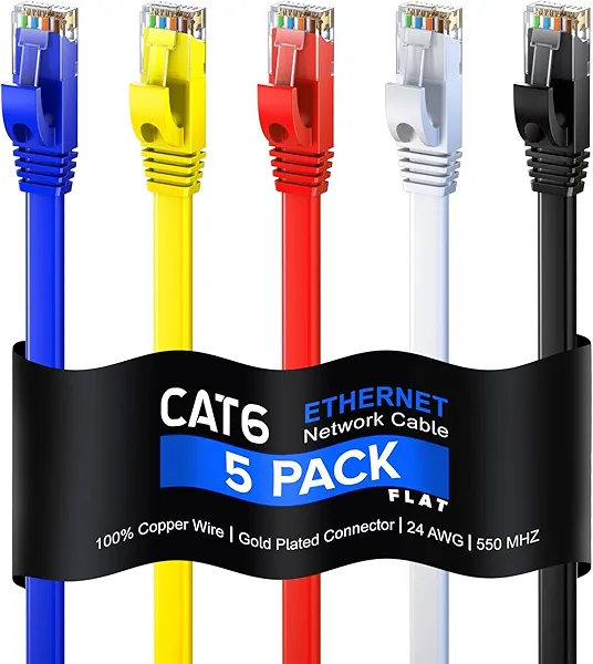 Cat6 Ethernet Cable 10ft, 5-Pack Multicolor - Flat High-Speed Network Cables for Gaming, Streaming, Router, Modem, PC, PS5, Xbox - Durable & Space-Saving Design