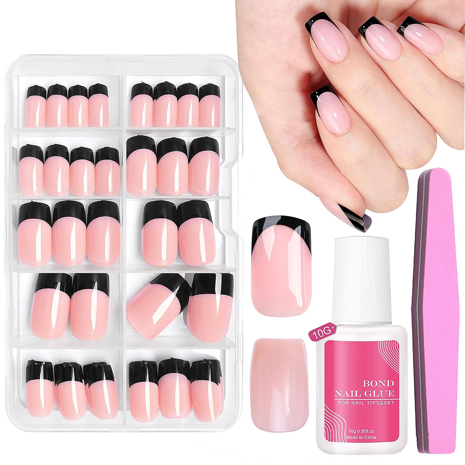 Uñas postizas con punta francesa - 240 uñas acrílicas medianas - Cobertura total - Kit de manicura francesa for mujeres(Pink-Black)