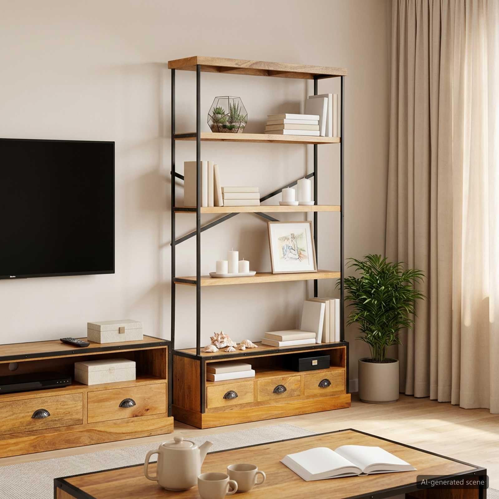 5-stufiges Bücherschrank Natur 100 x 30 x 180 cm aus Mango-Holz sowie Stahl geeignet für Wohnzimmer, Büro sowie Schlafraum, platzsparender Stauraum Organizer inklusive 3 Schubladen sowie