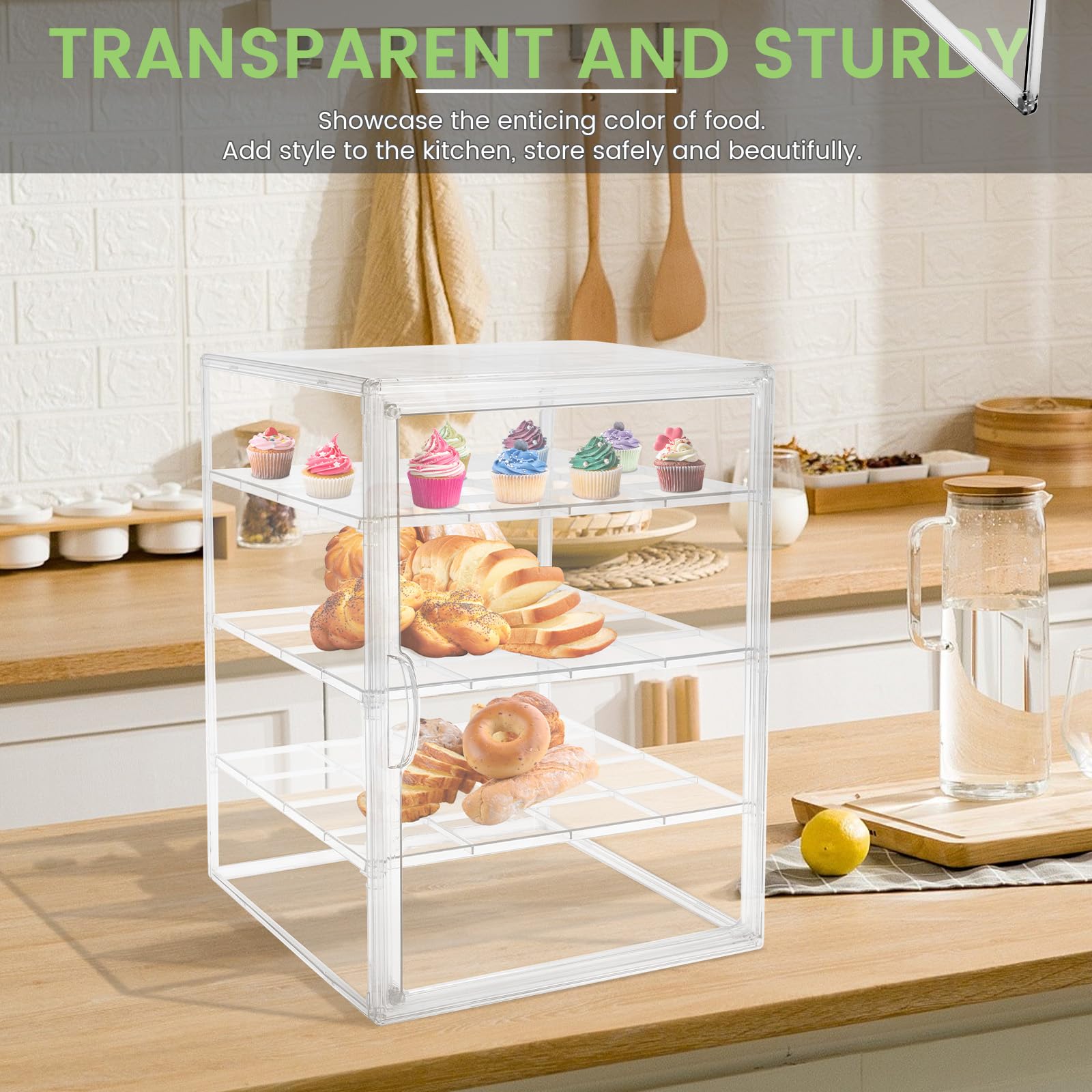 Vetrina per pasticceria, 4 strati in acrilico per piano di lavoro della cucina, 29 × 25 × 39,2 cm, contenitore per il pane trasparente regolabile con porta magnetica, supporto per il display della