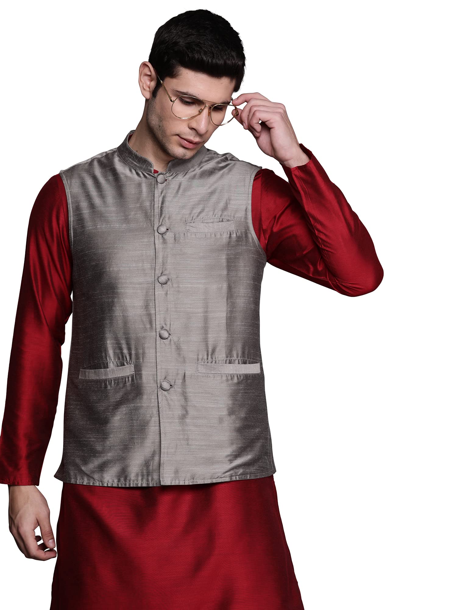 indo era Solid Chanderi Cotton Standard Length Nehru Jacket For Men (Mnj9Gy11048)-picture-53