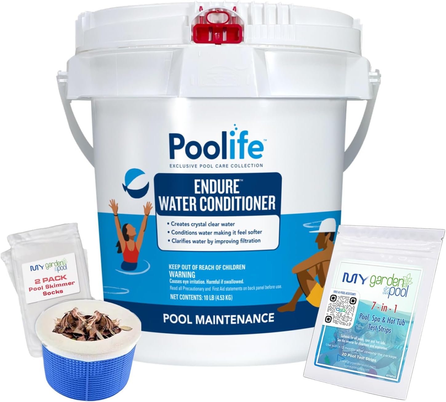 Poolife Endure Water Conditioner 10 lb – Enhances Water Feel & Clarity – Reduces Eye Irritation – Includes 2 Scum Socks and 7-in-1 Test Strips