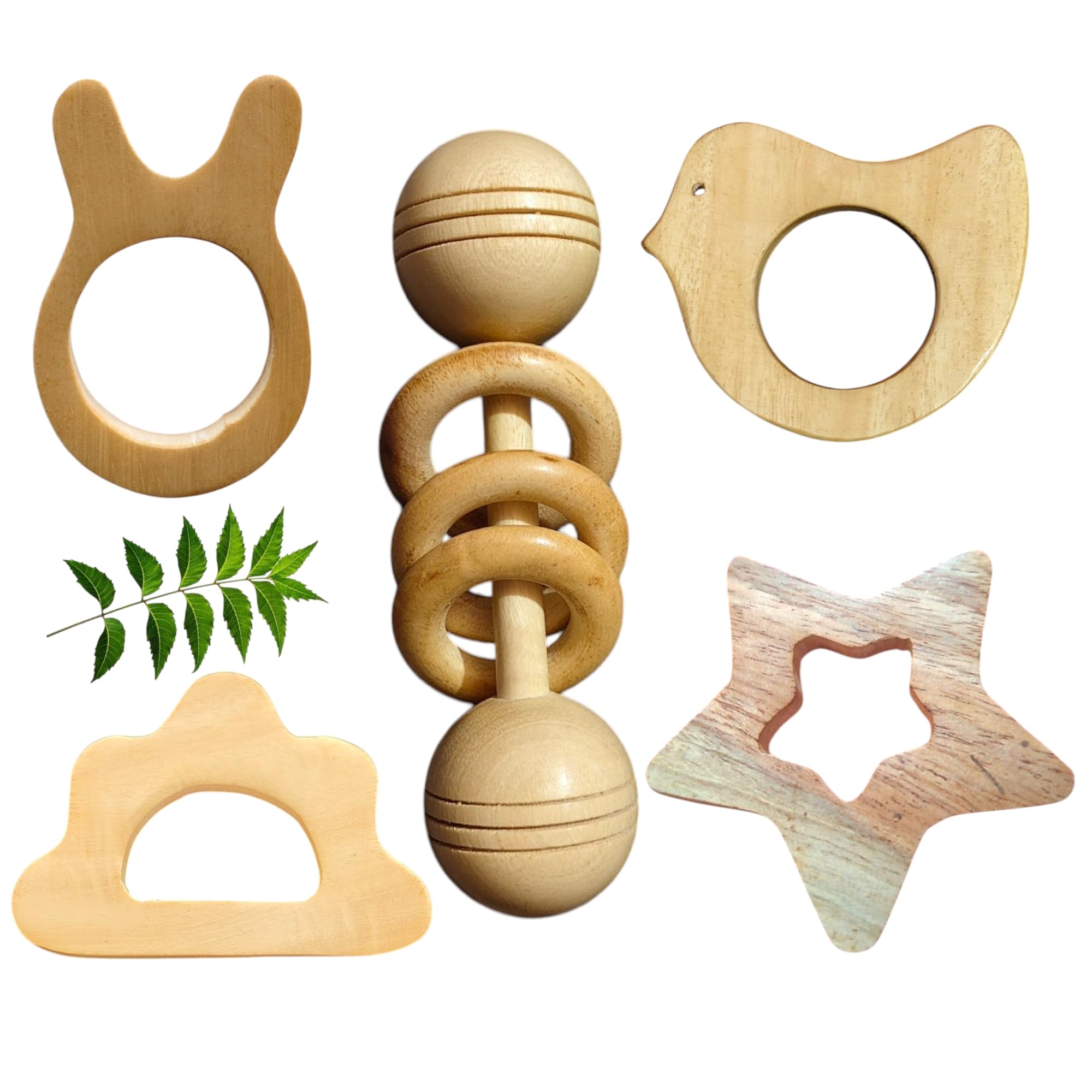 Natural Neem Wood Baby Teething Toys Set, 5 Pieces, Star Bird Cloud and Cat Shapes with Rattle Toys-image-3