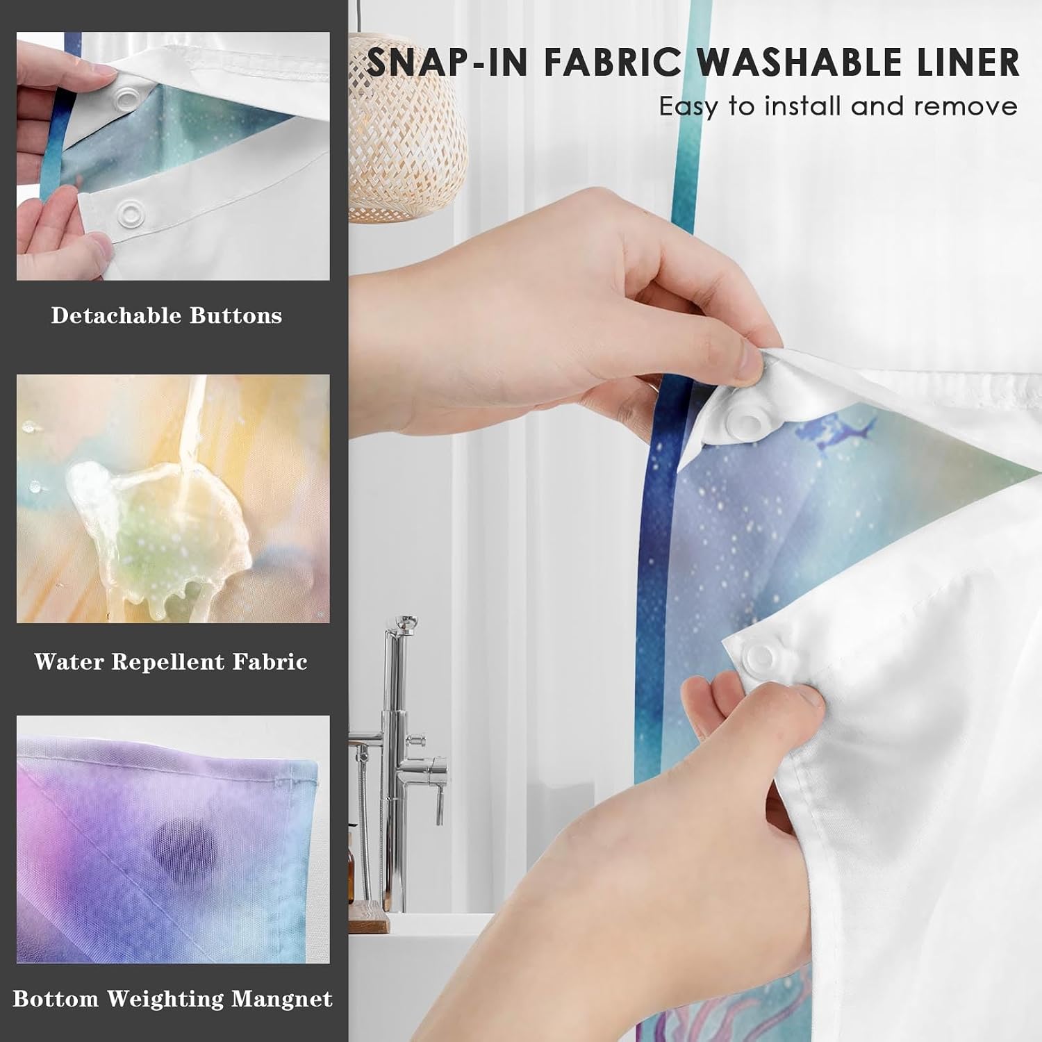 No Hook Sea Turtle Colorful Shower Curtain with Snap in Fabric Liner Set, Blue Cute Ocean Double Layers Waterproof Fabric with See Through Top Window Open Grommet Bath Curtain 71x74 Inch