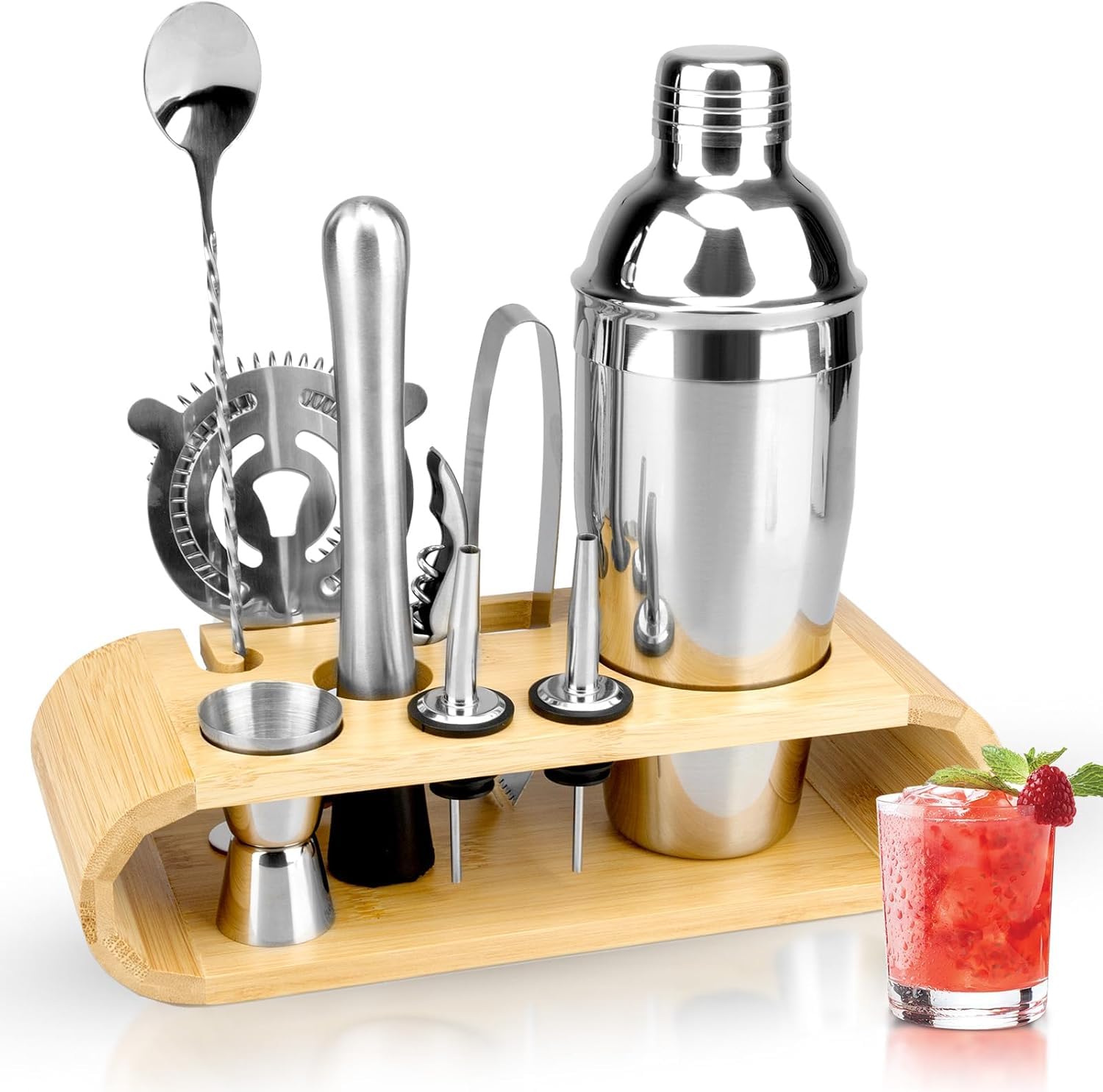 Kit Profesional De Coctelería De 10 Piezas con Soporte De Bambú, Coctelera De 750 Ml, Herramientas Esenciales para Preparar Cócteles, Hombres, Padres Y Amigos.