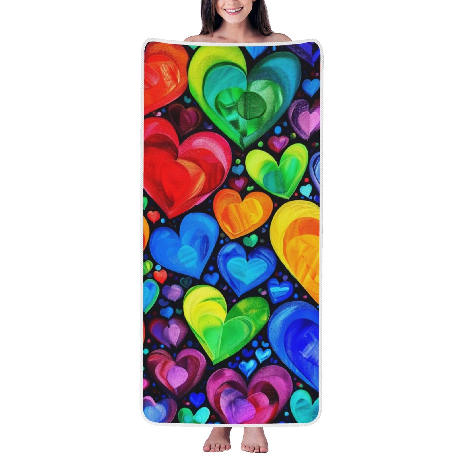 WPKJU Rainbow Hearts Printed Bath Towel with White Edging - 27x55 in Soft Extra Absorbent Coral Velvet Shower Towels for Bathroom
