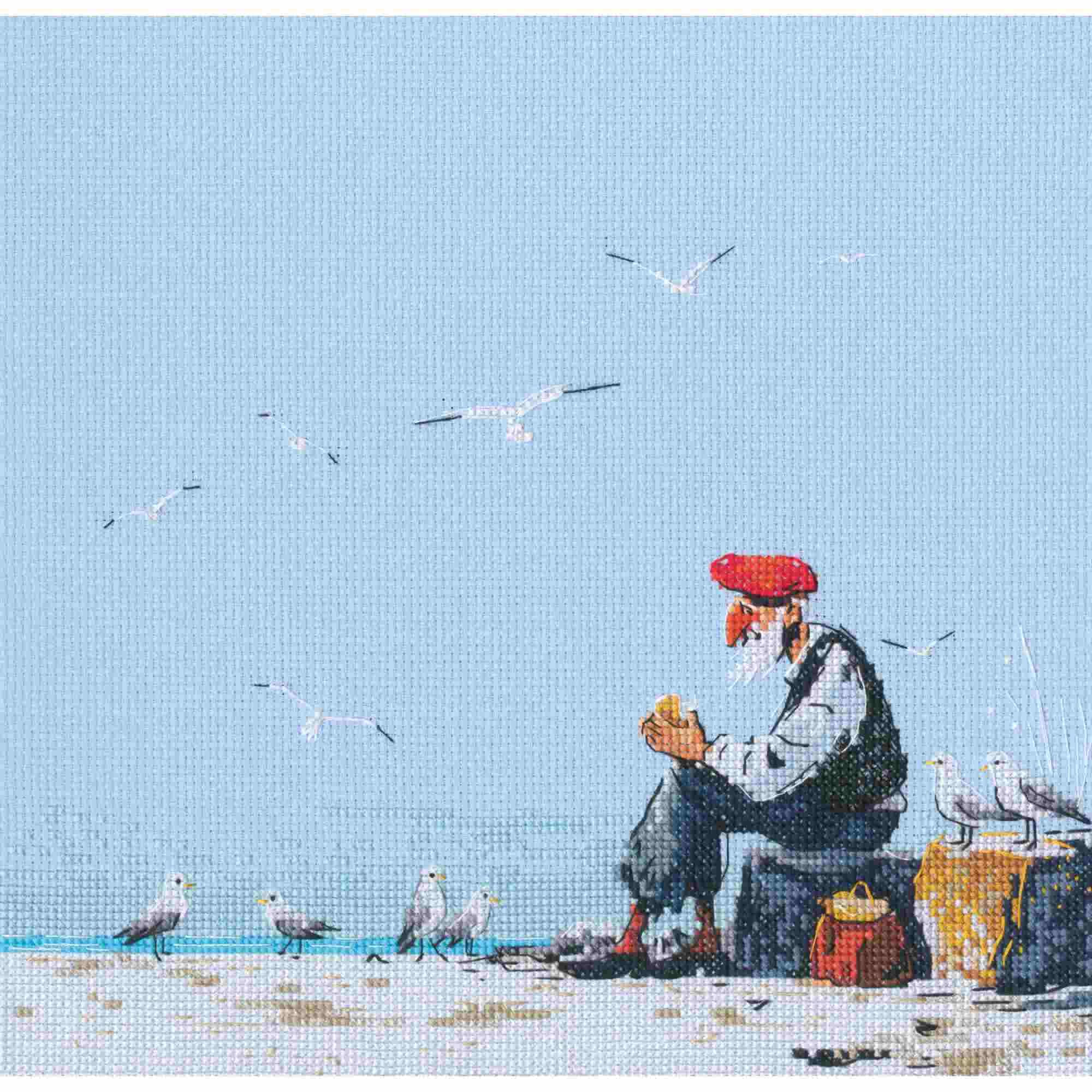 Rto Blue Counted Cross Stitch Kit Old Man By The Sea M1105, 14Ct Aida Fabrics Light Embroidery For Adults