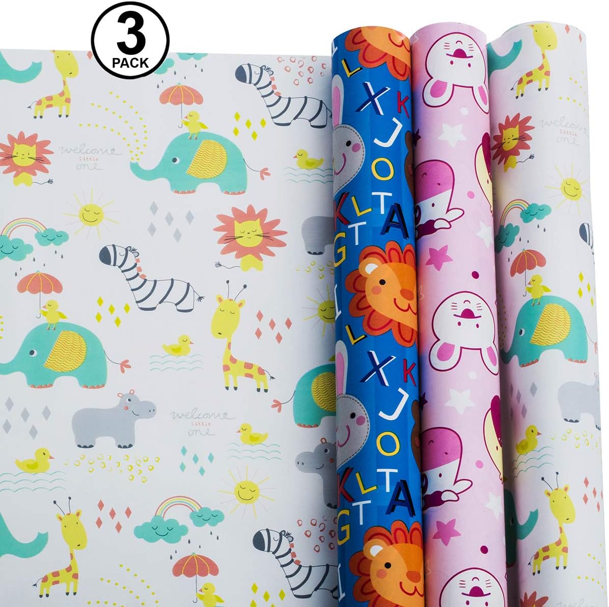 Wrapping Paper – Baby Wrapping Paper Set – Animal & Zoo Gift Wrapping Paper – Baby Shower Wrapping Paper Roll – (Pack of 3, 30in x 120in per roll, and 3 Bows, 2 Ribbons Included)