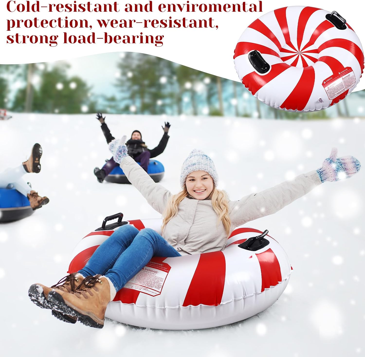 Large 35" Inflatable Snow Tube for Adults, Christmas Snow Sled with Handles and Heavy Duty Bottom, Fun Winter Outdoor Gifts for Sledding Tubing Sports