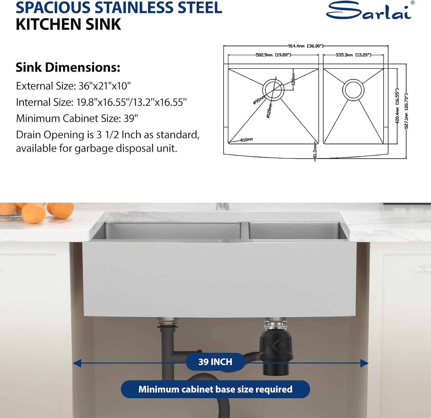 Sarlai 36 Stainless Farmhouse Sink Double Bowl - 36x21 Inch Apron Front Kitchen Sink Stainless Steel Farm 60/40 Farmer Double Kitchen Sinks 16 Gauge Round Corner Undermount Farm Sinks Basin