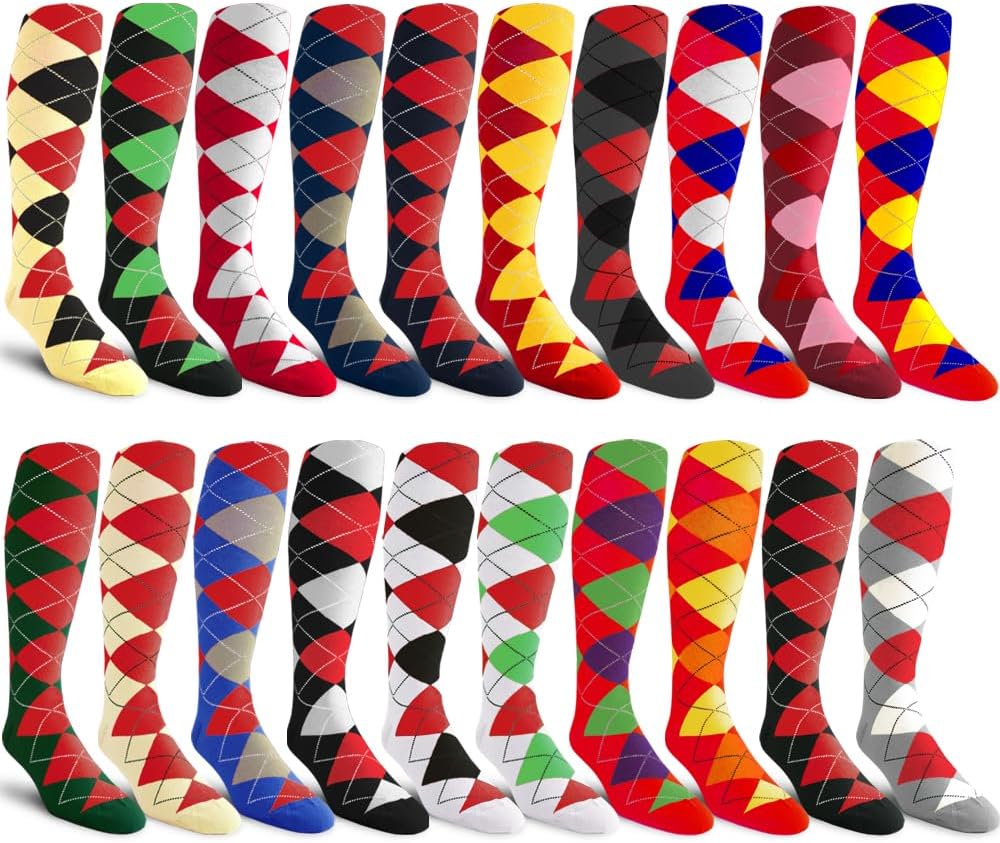 Golf Knickers Colorful Knee High Argyle Cotton Socks Men Over-The-Calf Bundle Pack: Red (20 Pair Collection)