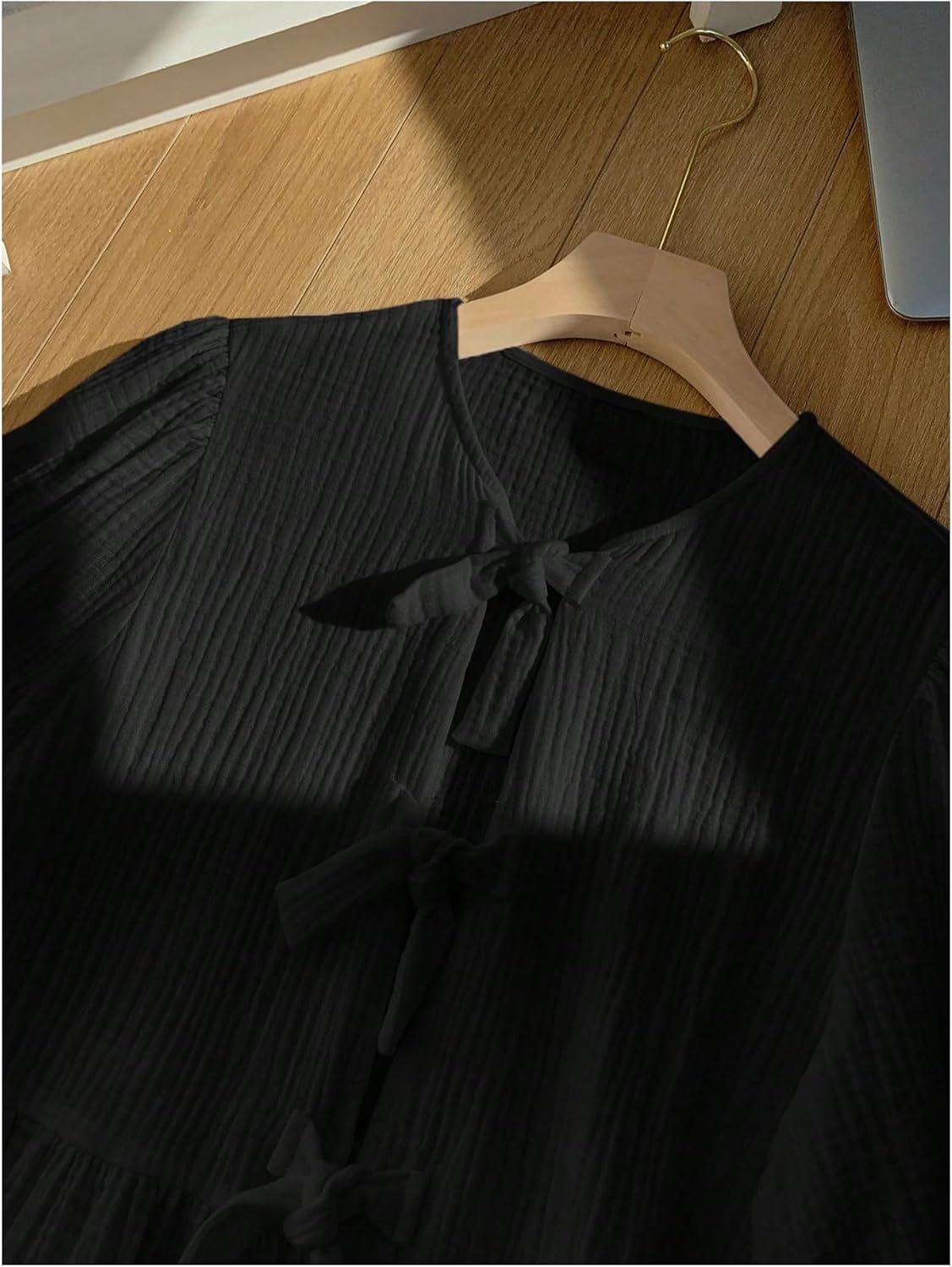 SweatyRocks Women's Bow Peplum Blouse Puff Short Sleeve Tie Front Top - Image 2