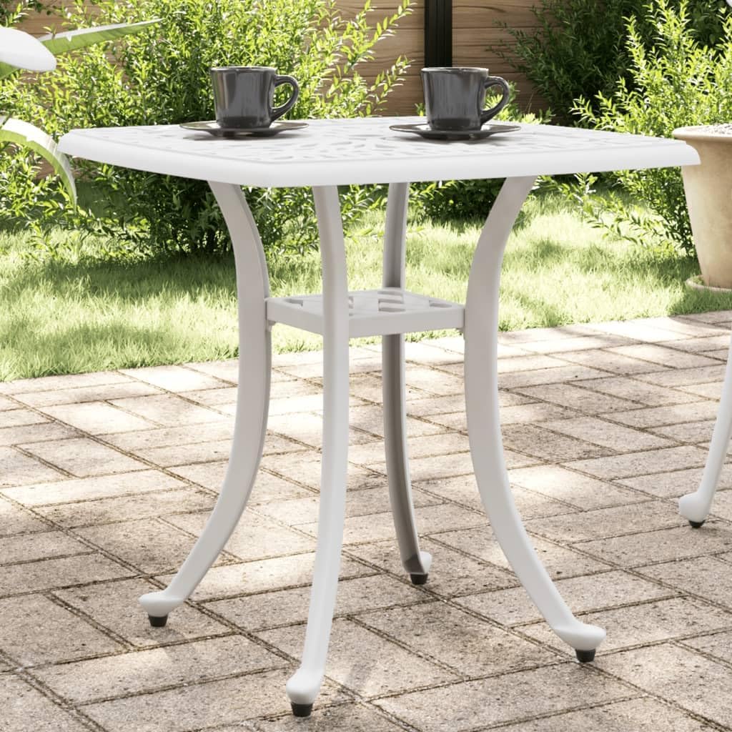 White Cast Aluminum Garden Table Small Square Patio Table Durable Outdoor Bistro Table for Balcony, Patio, or Garden Use, Compact Design Ideal for Four People