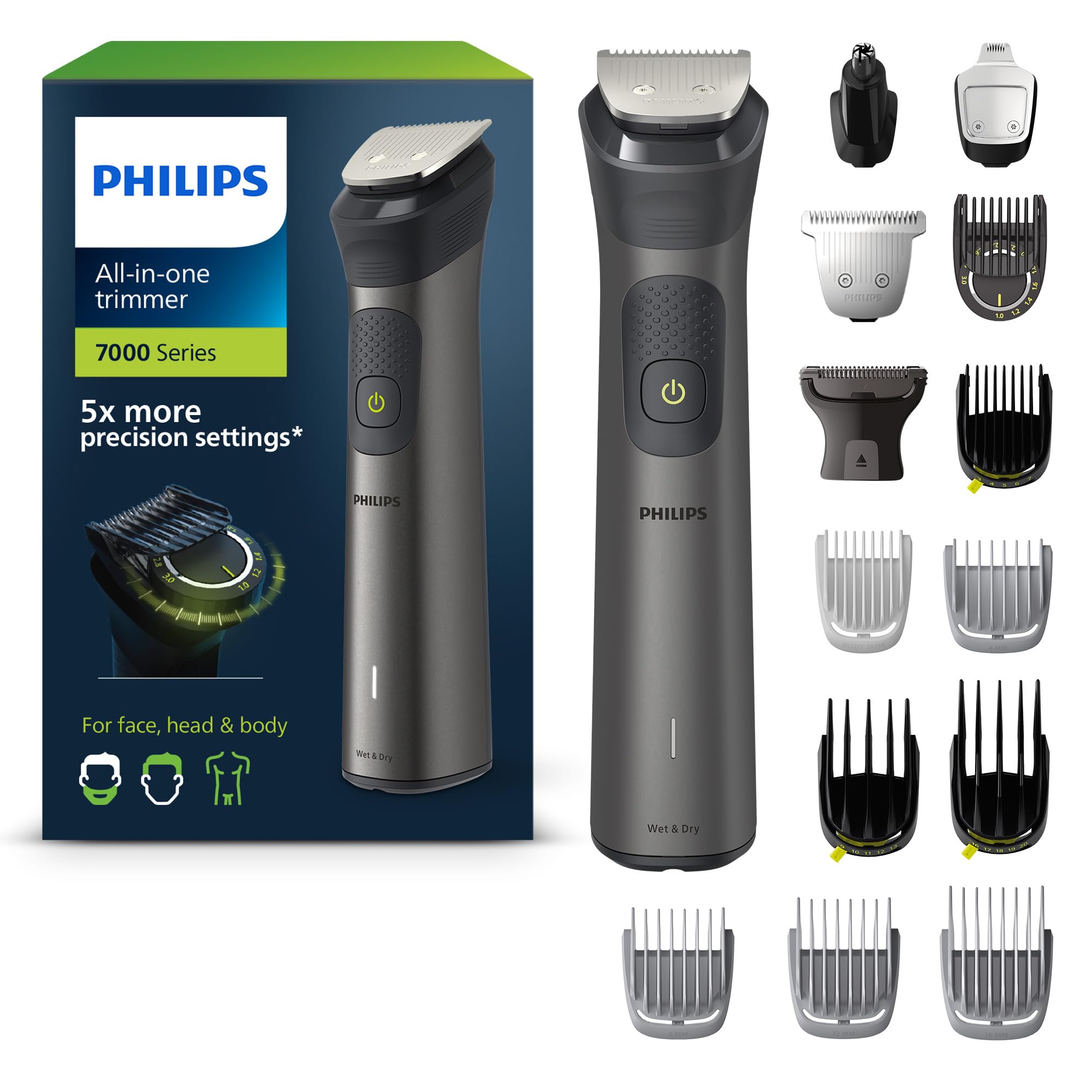 Philips Recortadora de Barba Serie 7000, Máquina Cortar Pelo, Cortapelos Hombre, Kit 15 en 1 Para Cara, Pelo, Orejas, Nariz y Cuerpo,120min de uso, En Seco y Húmedo, Recargable, Funda, MG7950/15