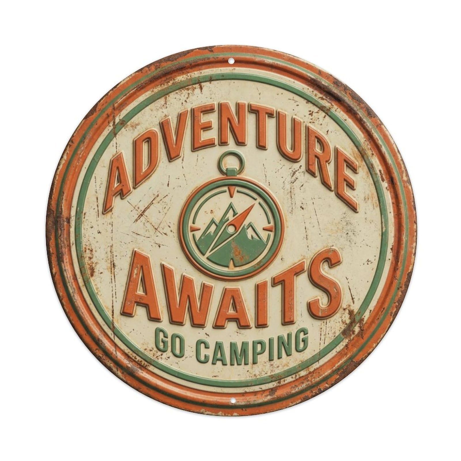 Adventure Awaits Camping Nostalgic Living Accessory Retro Slogans Vintage Metal Tin Sign Plaque Wall Decor for Cafe, Club, Garden Round Metal Poster 8x8Inch