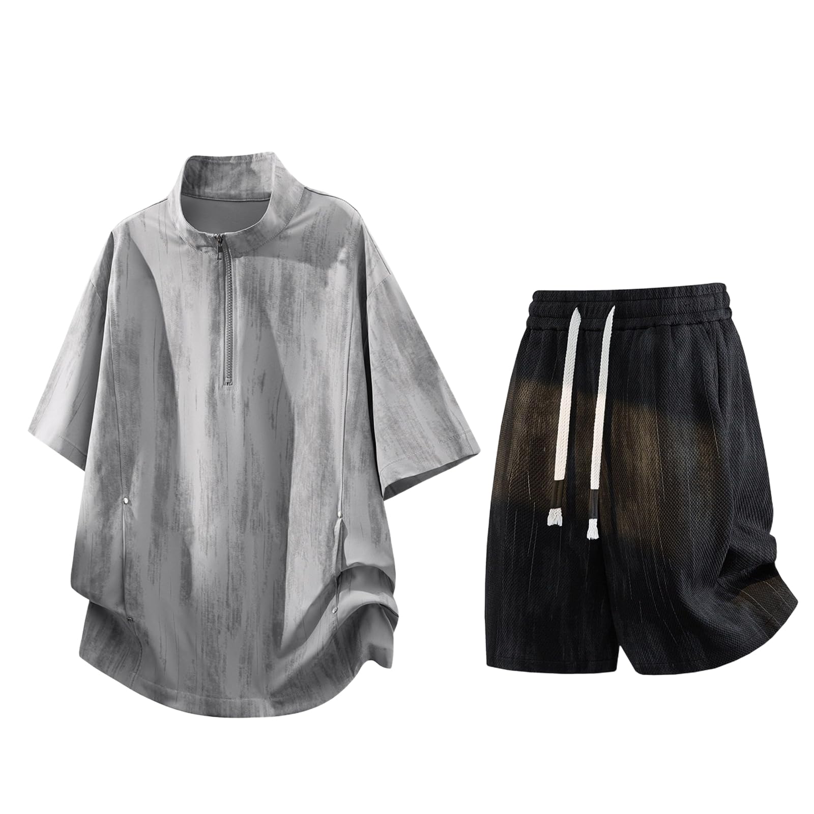 Men's Sport Set Ice Silk Half Zip Short Sleeve T-shirt Shorts Daily Commute Summer-Grey-L