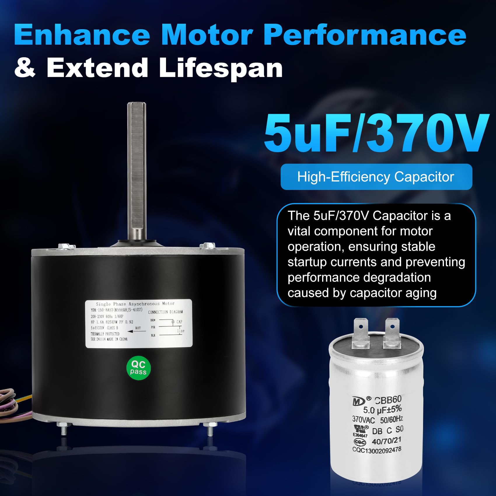 Upgraded K55HXJPM-9251 Condenser Fan Motor – 1/6 HP, 825 RPM, 208/230V, Reversible CW/CCW, Includes 5uF/370V Capacitor