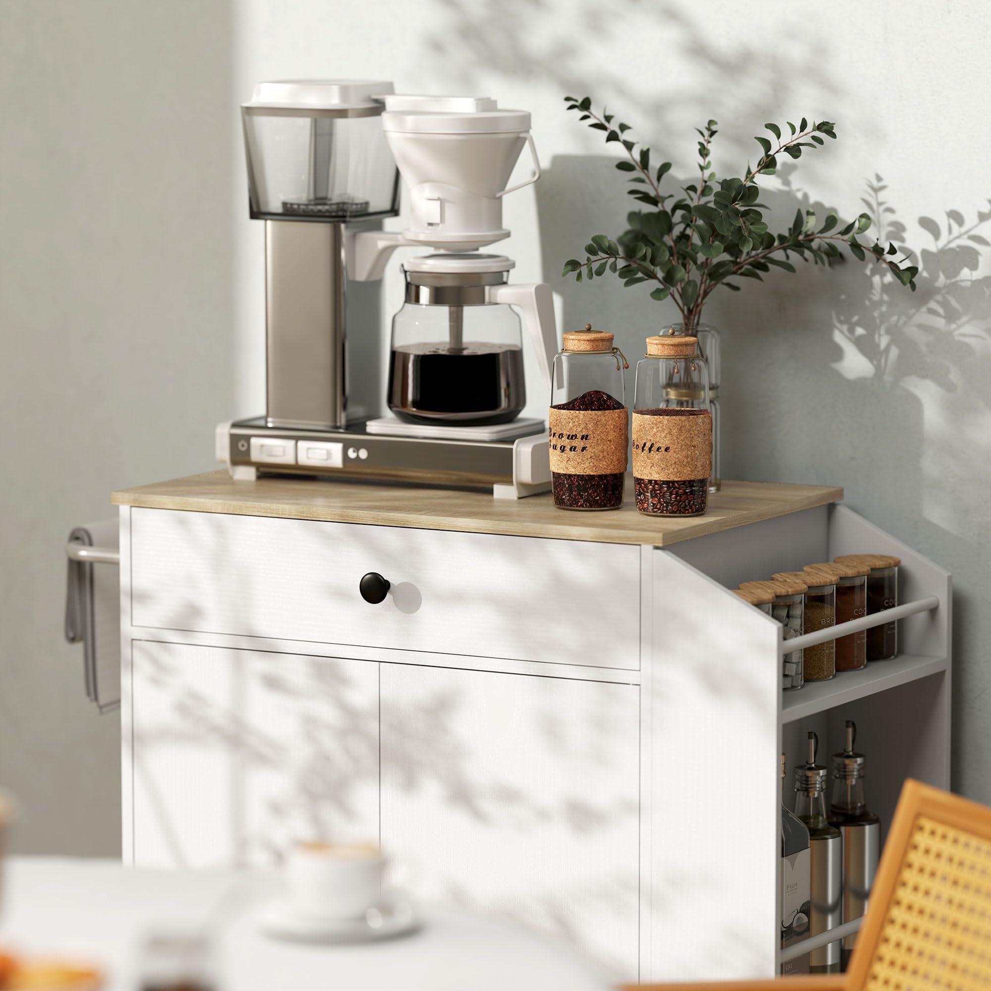 HOMCOM Îlot Central Cuisine Mobile, desserte Cuisine avec tiroir, étagère réglable, Placard à Deux Portes, Barre à Serviettes et étagères à épices pour Salle à Manger, Blanc
