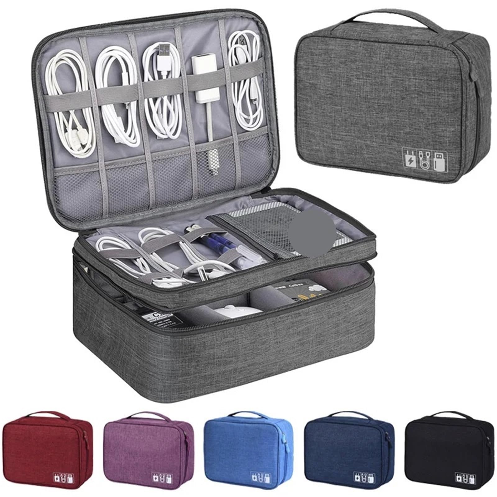Bolsa Organizadora De Cables Bolsa De Almacenamiento Cables Viaje, Digital Portátil Impermeable, Cargador Cable Datos USB, 2 Uds(Grey,1Layer(24.5x10x18cm))