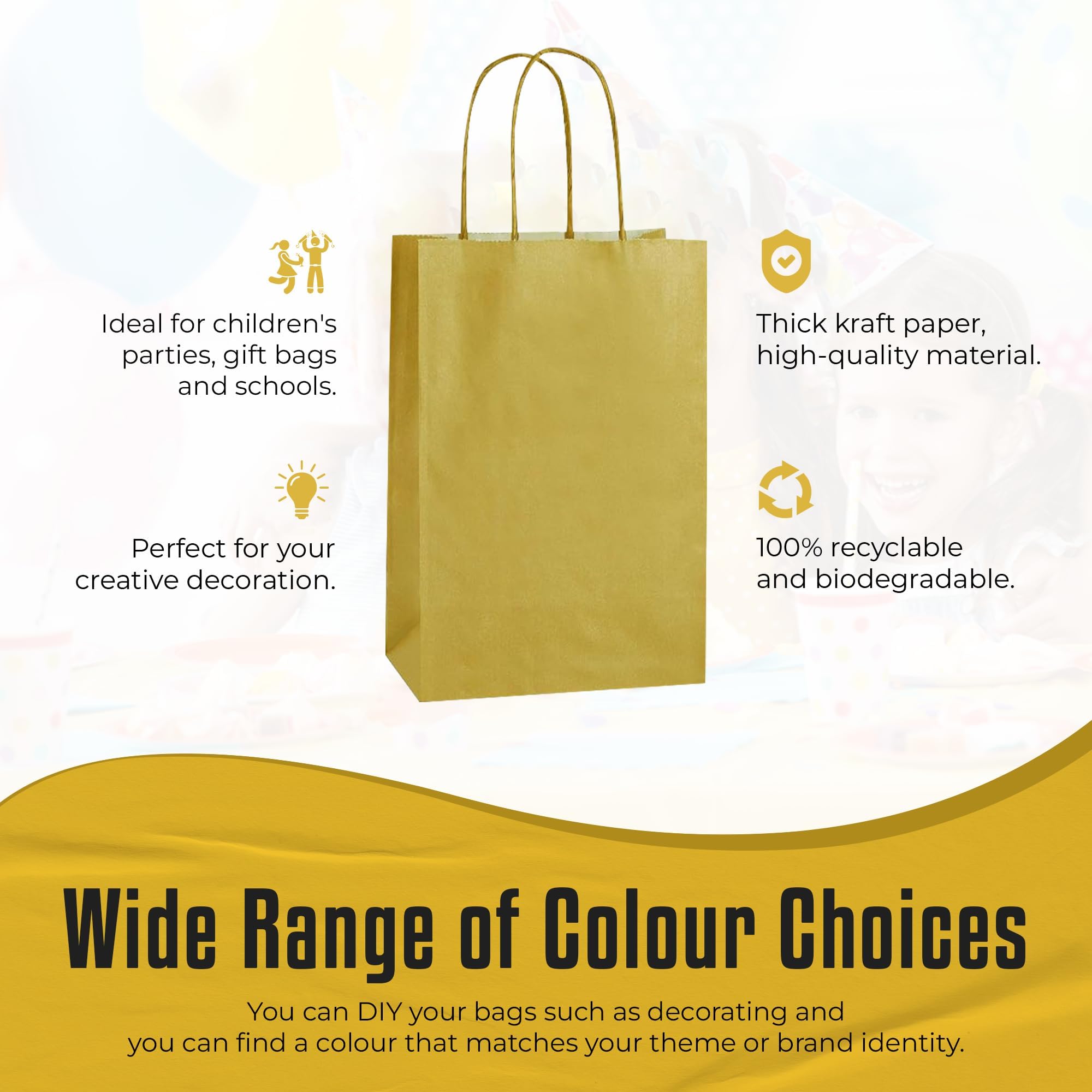 Thepaperbagstore 25 Gold Paper Party Bags With Handles, Colourful Paper Gift Bags for Kids and Adults Parties Birthdays - Image 3