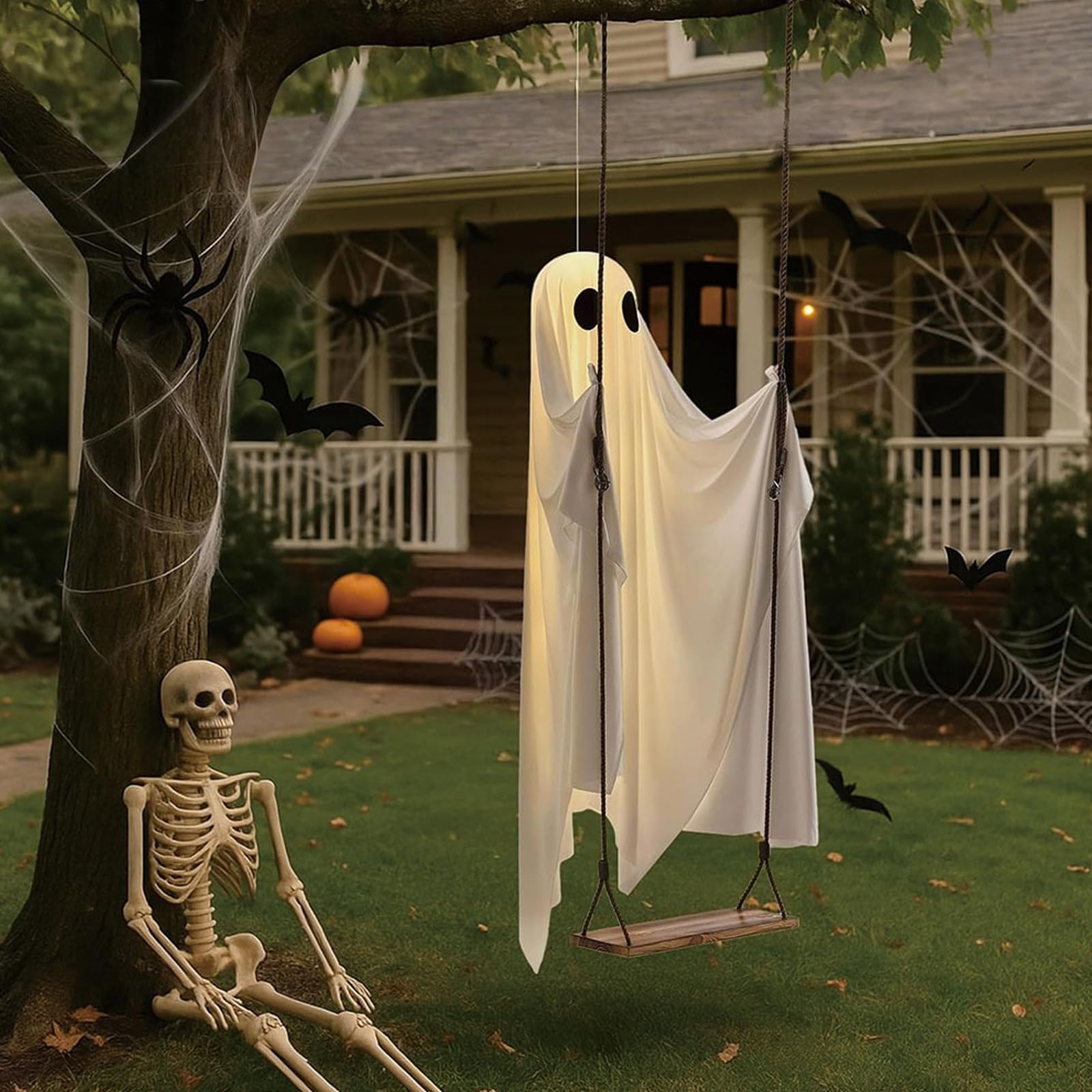 KOBONA Halloween Decorations Outdoor - 82in Hanging Ghost Swing with LED Lights - Ghost on Swing Decor - Scary Hanging Lighted Ghosts for Halloweens Front Porch Yard Tree