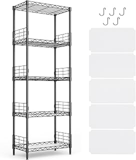 LINSY HOME Standregal mit 5 Regalböden, Metallregal, Gitterregal Metall, Vorratsregal Schwarz mit Abnehmbare Haken für Keller, Wohnzimmer, Büro, bis 225 kg Belastbar, 54 x 29 x 150cm H (Schwarz)