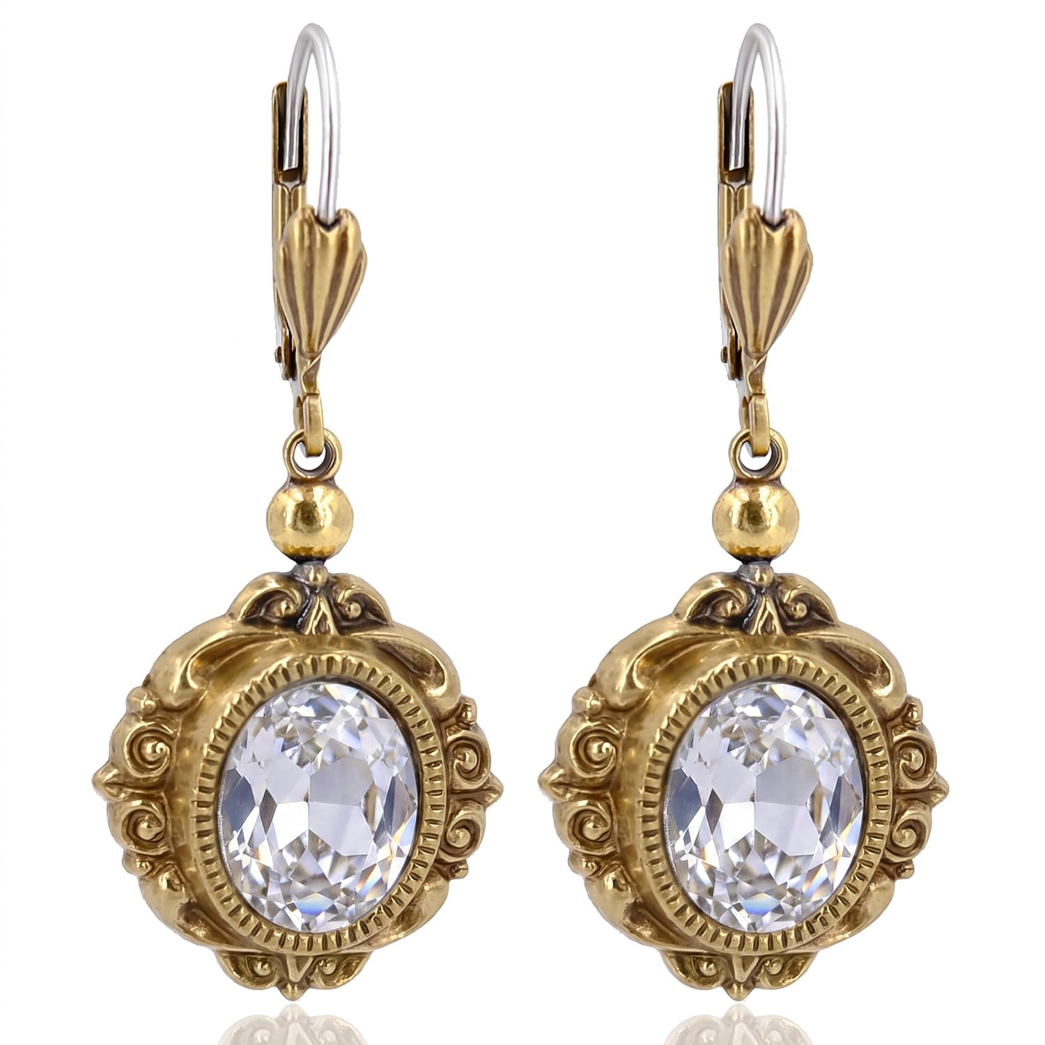 Jugendstil Ohrringe Gold Marken Kristalle Mauve Ohrhänger Ov
