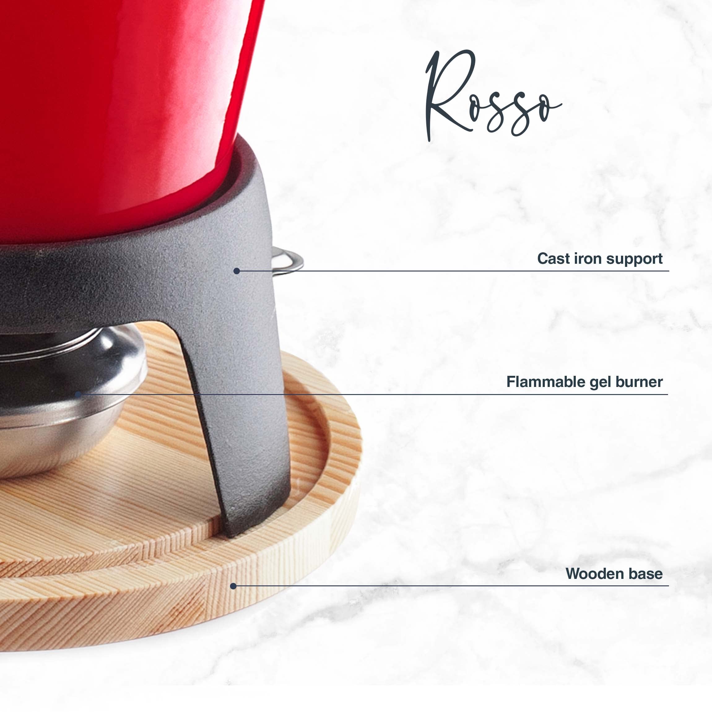 Lacor - 71711 - Service à fondue en fer forgé émaillé, support en fer avec base en bois, adapté à l'induction, 6 fourchettes Ø 16,5 x 10 cm (1,7 litres), Rouge