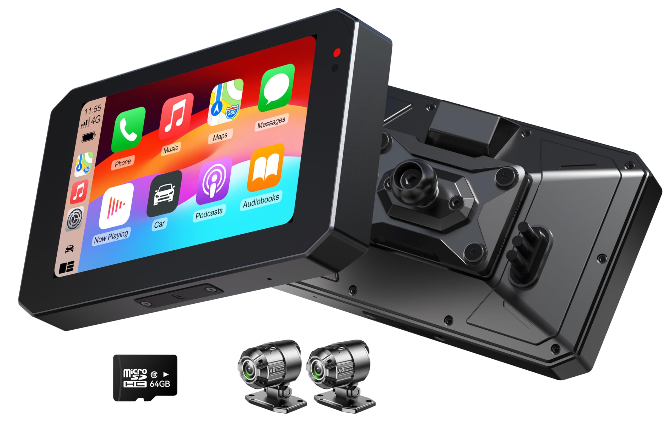 Motorrad Navi Display, CarPlay- & Android Auto kompatibel, 5 Zoll Wasserdichtem Touchscreen, Integriertes GPS, IP68 Wasserdicht, Front-/Rückkameras Motorrad Fahrrekorder
