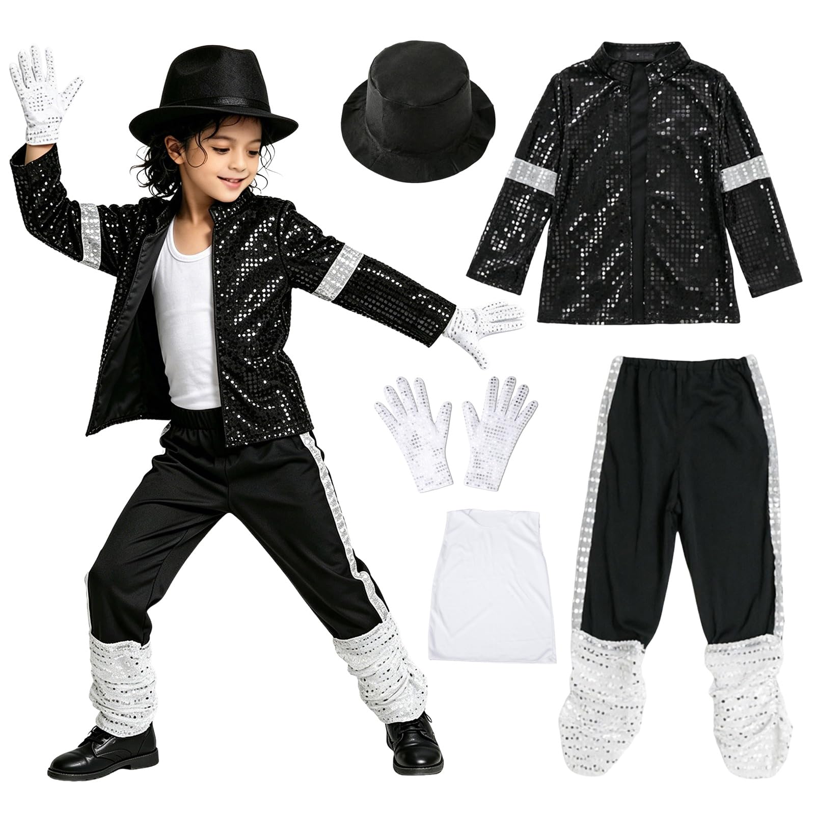 Child King of Pop Musician Costume 5-Piece Set Sequin Jacket Striped Pants with Hat Sunglasses Gloves 80s 90s Music Icon for Halloween Party Stage Performance and Fancy Outfits for Boys — image 1