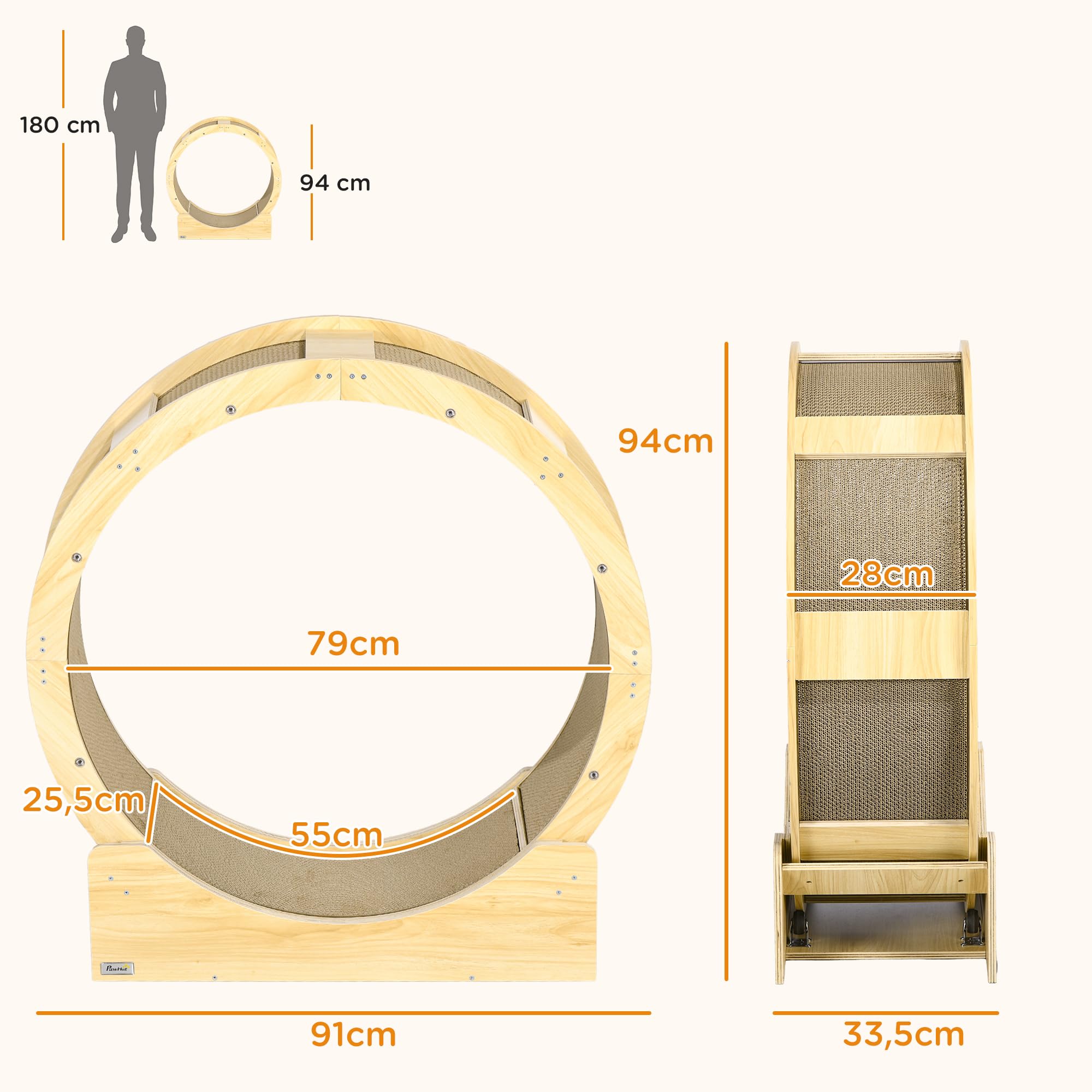 PawHut Roue d'exercice pour chat 91 cm, grande roue de course avec frein sécurisé et tapis de grattage amovible, tapis roulant ultra silencieux, pour perte poids, santé d'animaux de compagnie, naturel