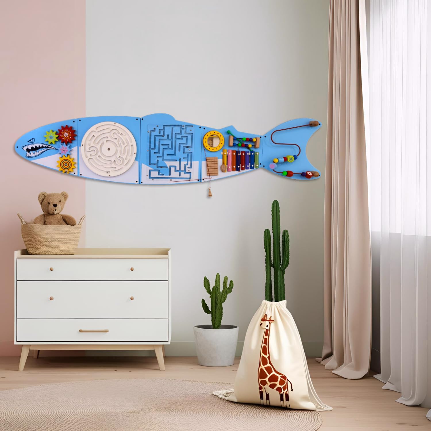 - Wooden Fish-Shaped Montessori Wall Panel for Kids | Wooden Busy Board with Maze, Gears & Xylophone | Sensory Educational Wall Toy for Toddlers | Playroom Décor (1–5 Years)