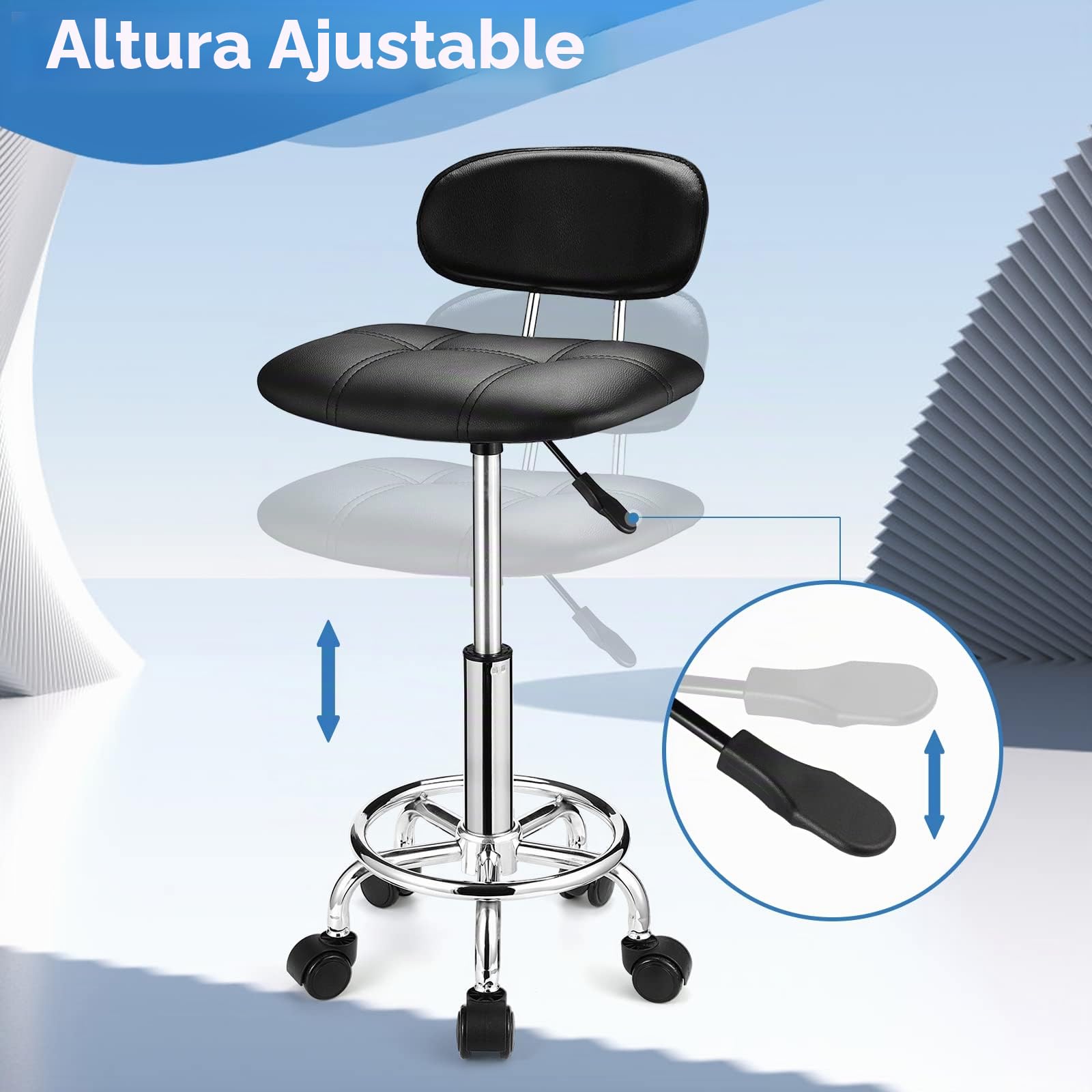 HMTOT Taburete Giratorio Cuadrado con Respaldo de Altura Ajustable con Ruedas, Color Negro