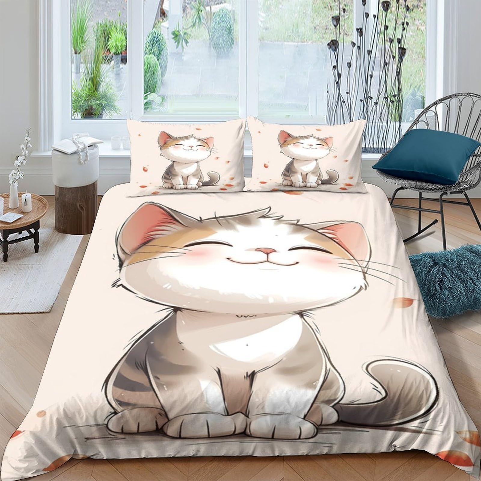 Ctjqhvkz Style-10 3D Printed Cute Smiling Cat Fitted Sheet Microfiber Soft Bedroom Decor Cartoon Kitten Bed Cover For Home Guest Room Single（135X200cm）