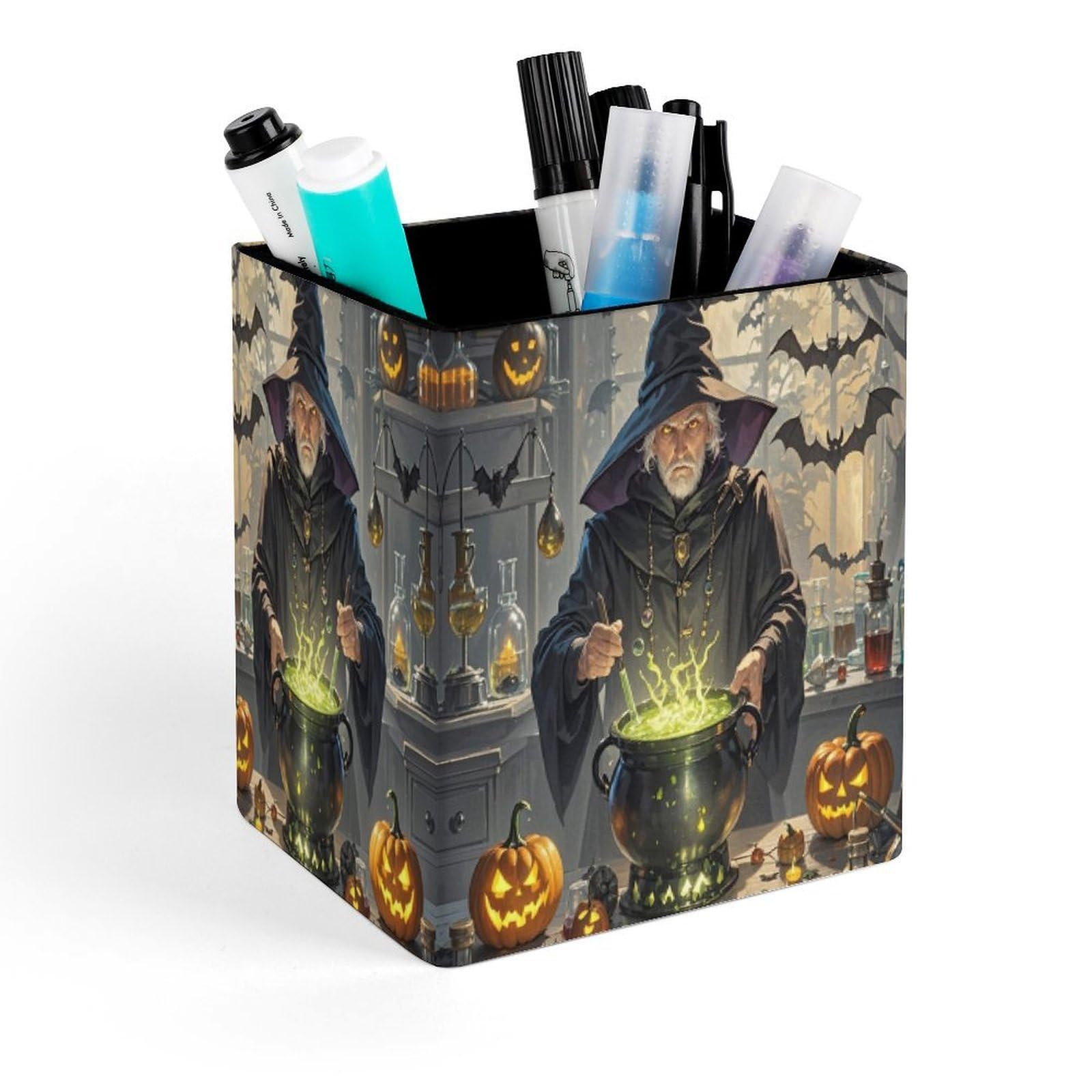 FekiLoot Magic Pumpkin Night Pencil Holder for Desk Square Leather Pen Holder Cup Desktop Organizer Multi-Functional Pencil Cup Holders Modern Decorative Desk Organizer Caddy Makeup Brush Holders