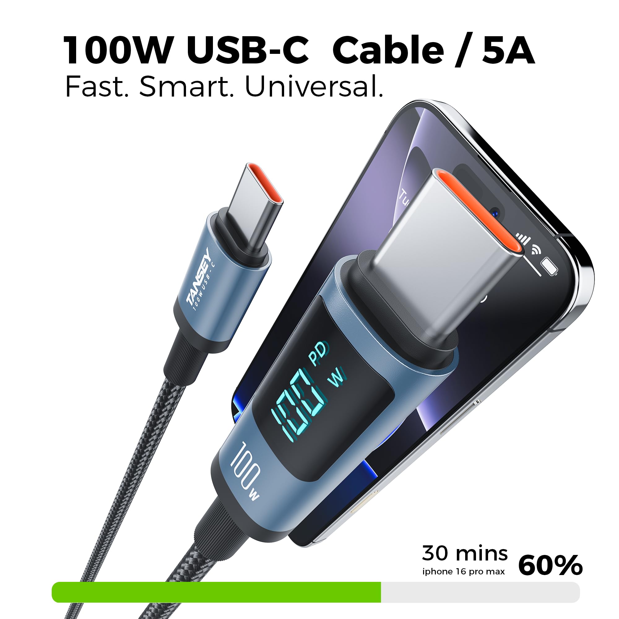 Cable USB C a USB C, 100 W, paquete de 2 cables de carga USB C para iPhone 16/16 Plus/16 Pro/16 Pro Max/15, MacBook Pro, iPad Pro, Dell XPS, Samsung Galaxy S24/S23/S22 Ultra, Switch, Pixel, 3.3 pies,