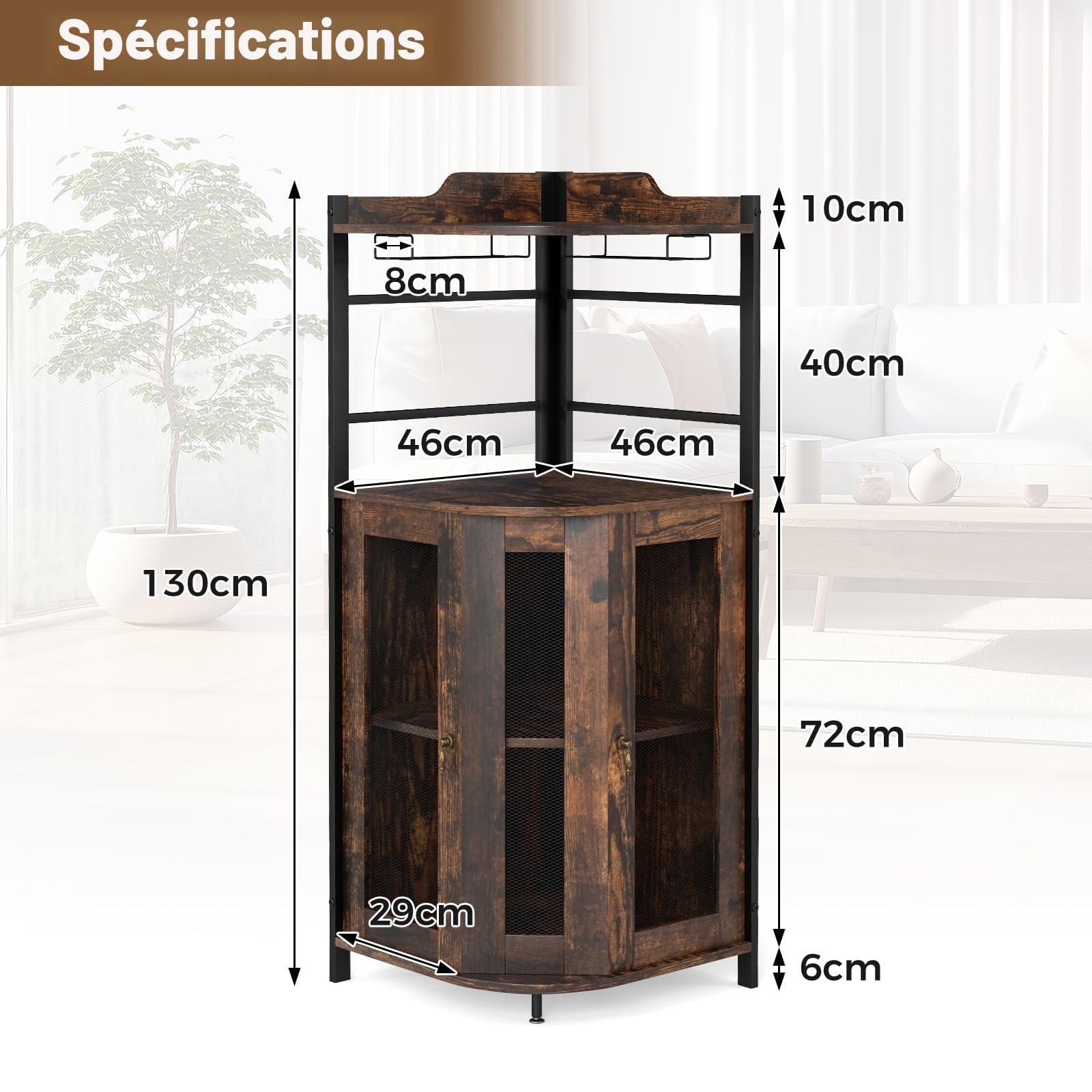 GIANTEX Armoire à Vin Angle avec Etagère Réglable, Armoire de Bar avec Portes en Treillis Métallique, Buffet Cuisine Angle, Kit Anti-Basculement, Industriel, 47,5 x 47,5 x 130 CM
