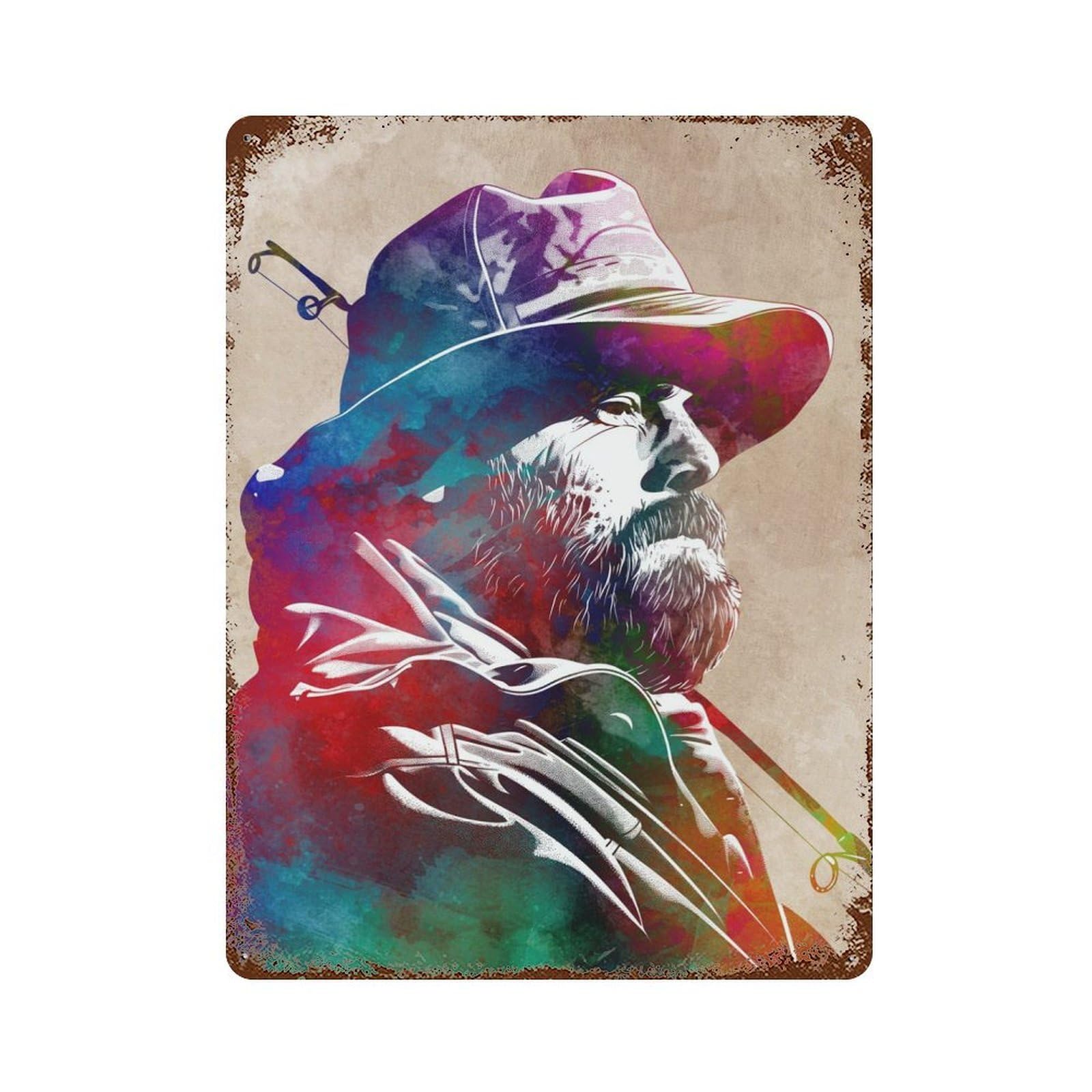 Fisherman Watercolor Portrait Vintage Rust Metal Sign 15.7"x11.8", Farmhouse Wall Decor for Garage, Pub Or Kitchen