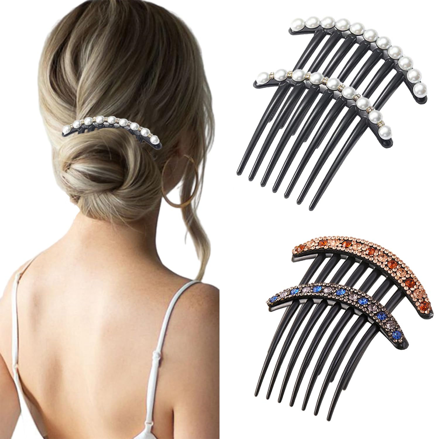 4pcs Pearl Rhinestone Hair Comb, Hair Accessories Tool for Women, Black French Twist Hair Comb Decorated for Prom, Bun Decorative