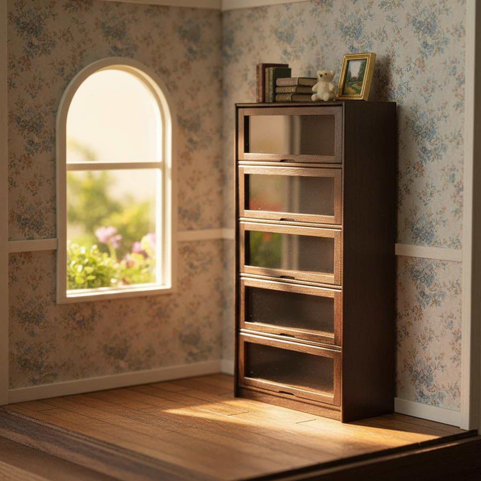 Milageto Miniatur Aufbewahrungsschrank Puppenhaus Möbel Vitrine Regal Schaukasten aus Holz mit Stapelbarem Aufbau Und Realistischem Holzmaserbild für, Kirschholz, Dreischichtiges Klappschrank