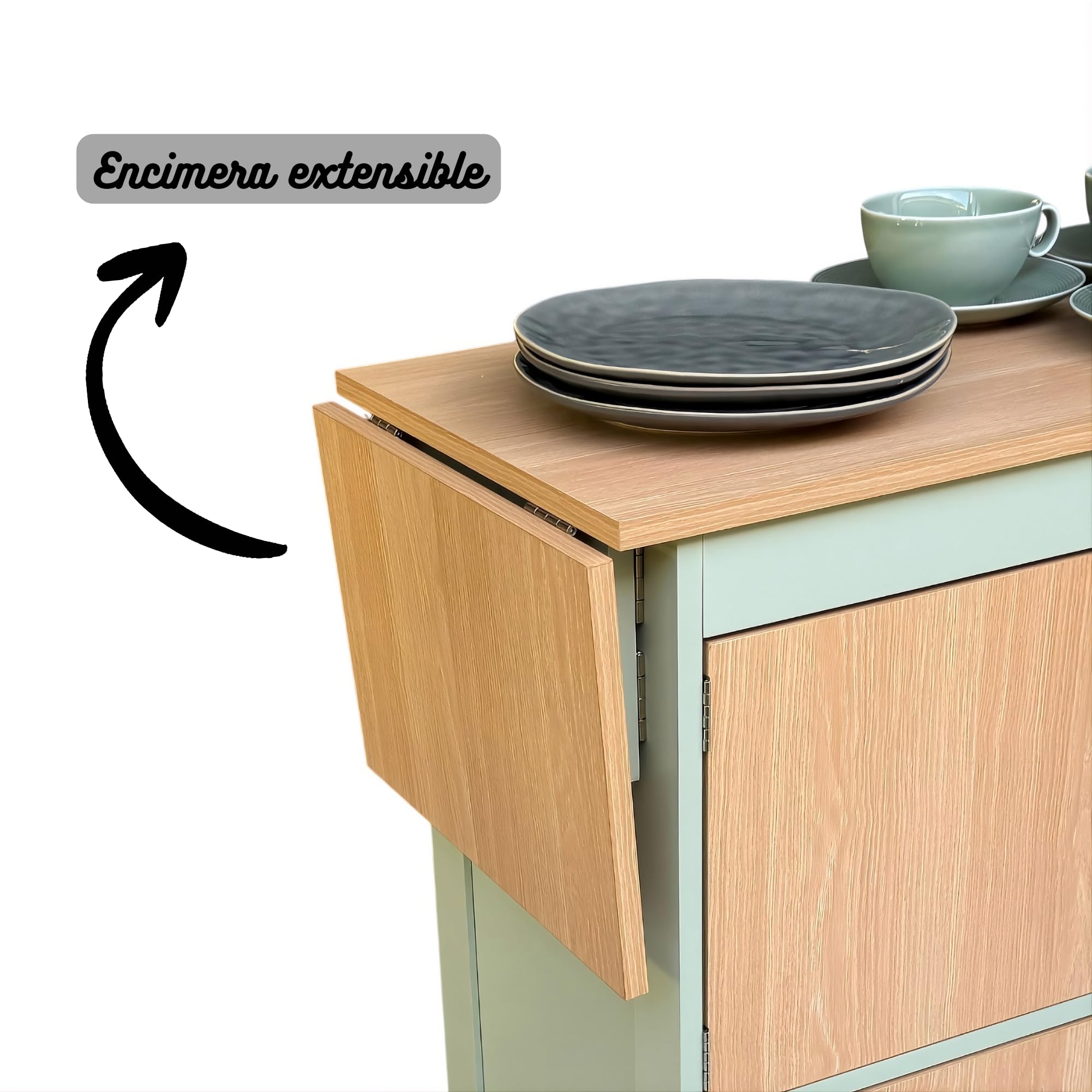 Isla de Cocina con Ruedas, Carrito de Cocina de Madera Verde, Mueble Desayunador Pequeño Auxiliar con Encimera Extensible, Armario Móvil para Cafetera y Microondas