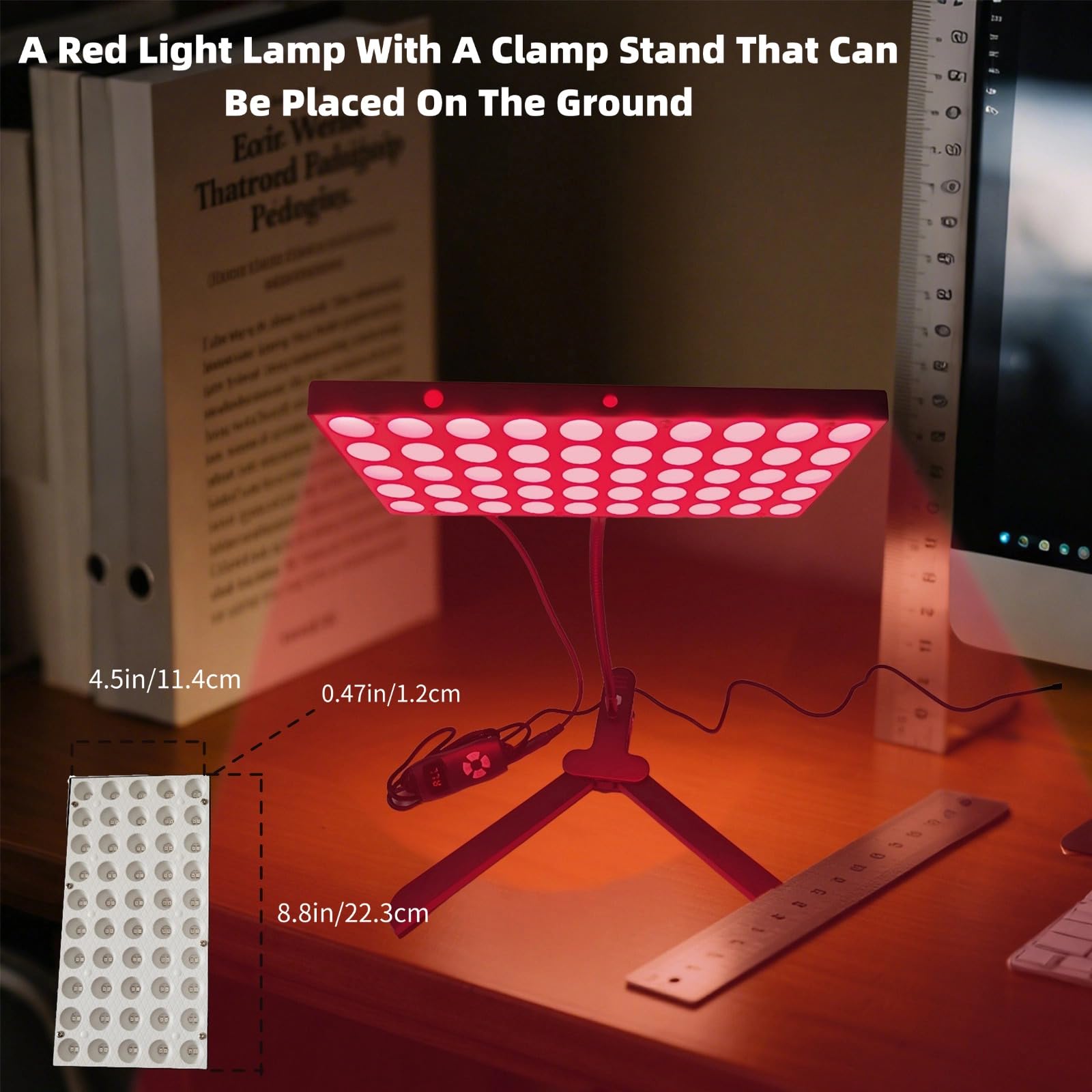 Lampe de luminothérapie infrarouge portable à pince, 100 LED 660 nm et 850 nm, 30 W, 5 niveaux de luminosité, col de cygne et angle réglables, minuterie et protection des yeux pour le visage et le
