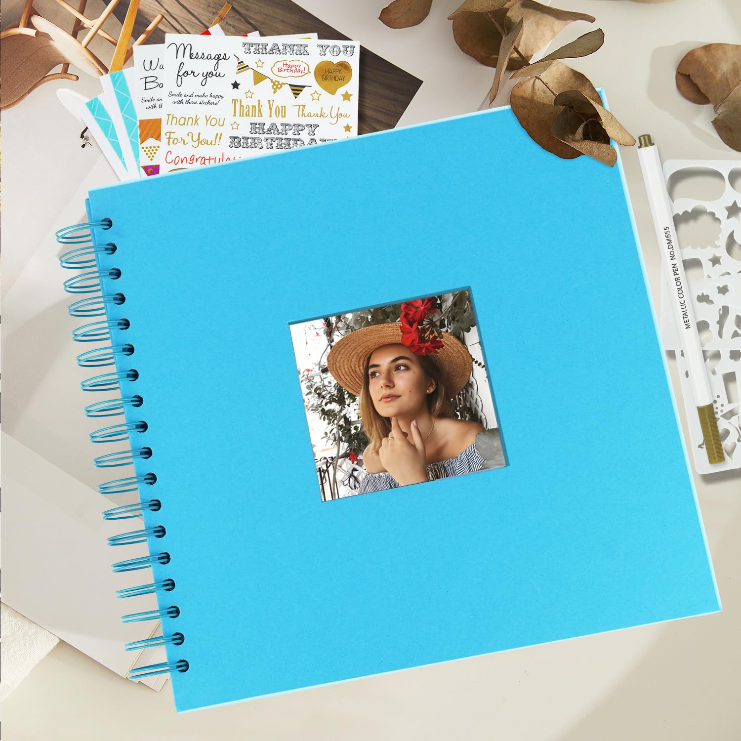 Miaikoe 20.5x20.5 cm DIY Scrapbook Album with Window Hardcover Kraft Blank Paper Scrap Book with 20 Sheets Photo Album for Guest Book Family Wedding Anniversary (Blue) - Image 2