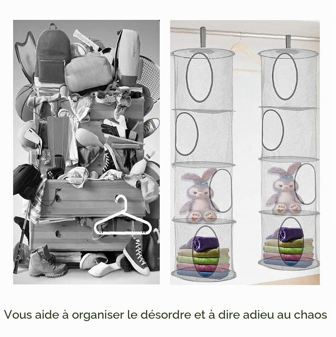 Rangement Peluche, Lot de 2 Paniers Rangement Suspendu Filet Peluche Range Doudou Suspendus Pour Chambre D'enfant, Jouets, Petits Vêtements (Gris)